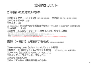 準備物リスト
ご準備いただきたいもの
━━━━━━━━━━━━━━━━━━━━━━━━━━━━━━━━━━━━
□プロジェクター︓メイン1台（スライドを投影）、サブ1台（タイマー＆メモを投影）
□ホワイトボード︓1台
□マイク︓1本
□ （もしあれば、）iPhoneからの音楽を流す環境（イヤホン端子（＝ミニプラグ）のさせるもの）
□ A4白紙︓一人3枚
□印刷物（各人のワークシート︓ A4サイズ3枚、A3サイズ2枚）
※ハンドアウトは、紙でなくフルスライドを、PDFデータで配信し、
講義中に⾒たい人は、ご自⾝のタブレットやスマホから⾒ていただく、というスタイルを推奨しています。
理由は、たくさんの紙ものをもらって帰ることのストレスを減らしたいからです。
ですが、「やはり、紙でハンドアウトを配りたい」という場合はお気軽に仰ってください。ハンドアウトの印刷用データも作成します。
講師（＝⽯井）が持参するもの（最大80名にて員数算出）
━━━━━━━━━━━━━━━━━━━━━━━━━━━━━━━━━━━━
□Brainstorming Cards（20セット︓4人で1セット利用）
□智慧カード（20セット︓4人で1セット利用） ＜うち15セットは、WS貸出品＞
□ノートPC（出⼒の口︓HDMI 2つ、VGA １つ）
□ポインター、ワイヤレス・クリッカー
□iPhone（音楽入り）
□ボードマーカー（講師用の極太のもの）
94
 