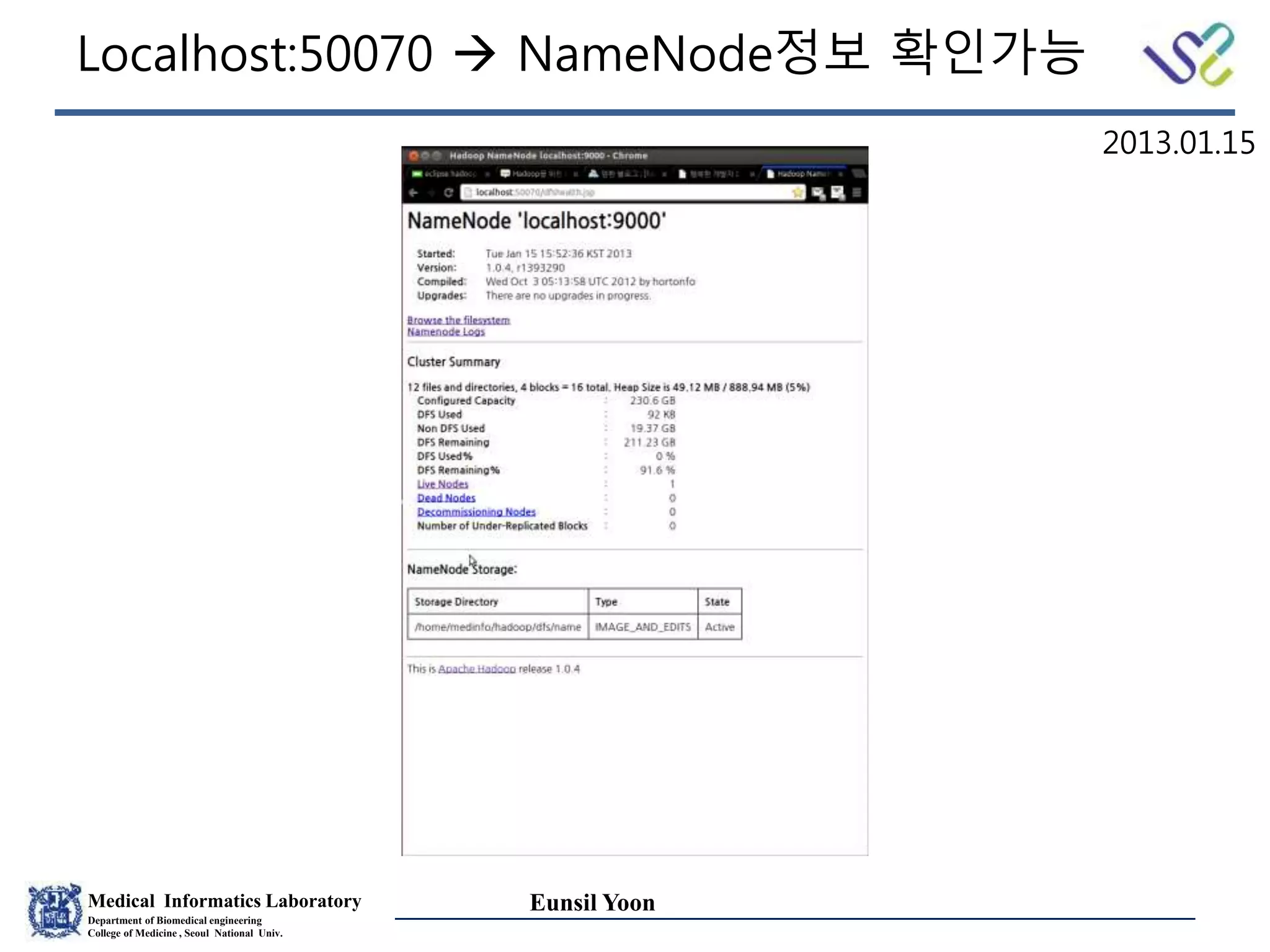 Medical Informatics Laboratory
Department of Biomedical engineering
College of Medicine , Seoul National Univ.
Eunsil Yoon
Localhost:50070  NameNode정보 확인가능
2013.01.15
 