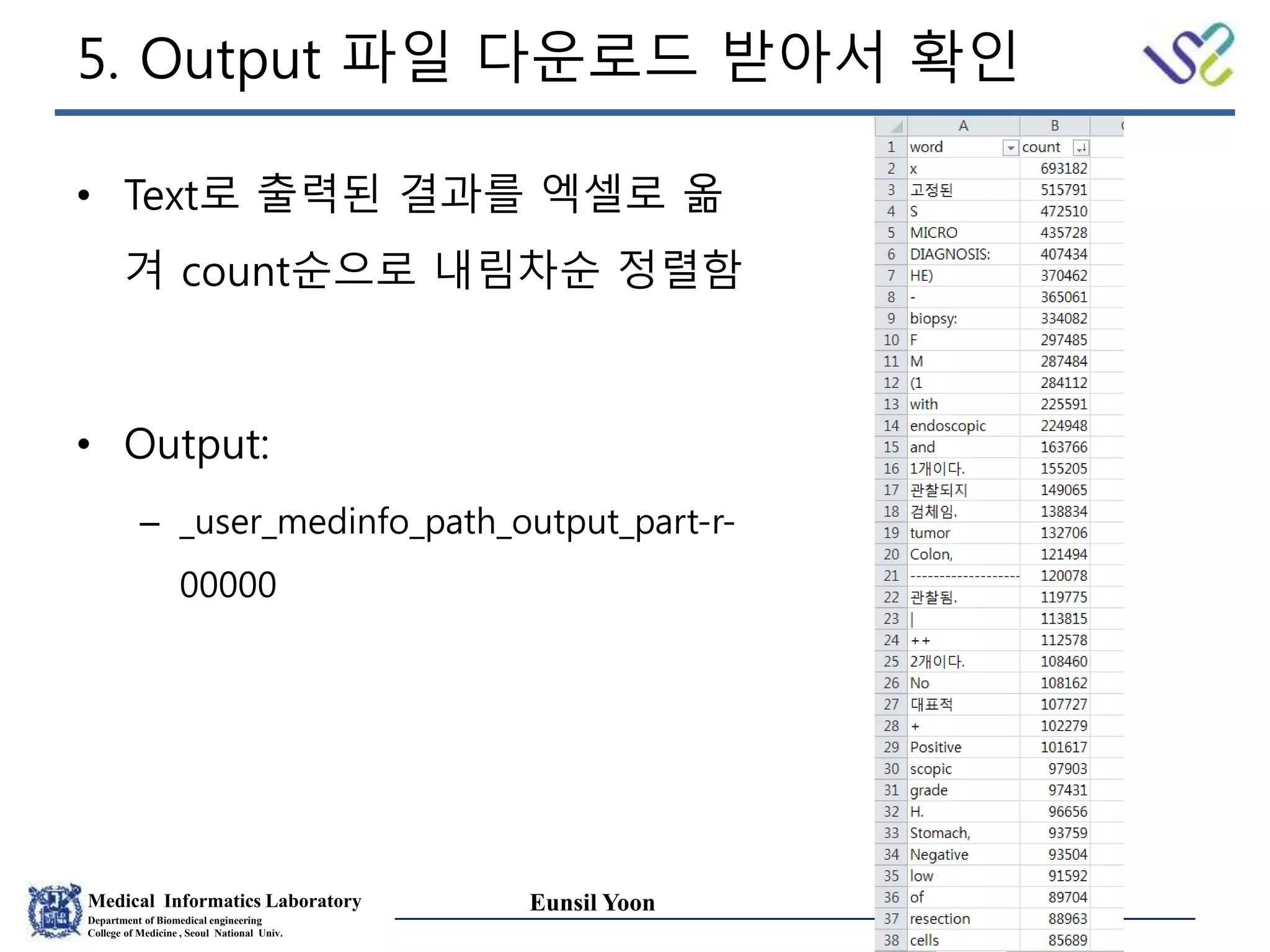 Medical Informatics Laboratory
Department of Biomedical engineering
College of Medicine , Seoul National Univ.
Eunsil Yoon
5. Output 파일 다운로드 받아서 확인
• Text로 출력된 결과를 엑셀로 옮
겨 count순으로 내림차순 정렬함
• Output:
– _user_medinfo_path_output_part-r-
00000
 