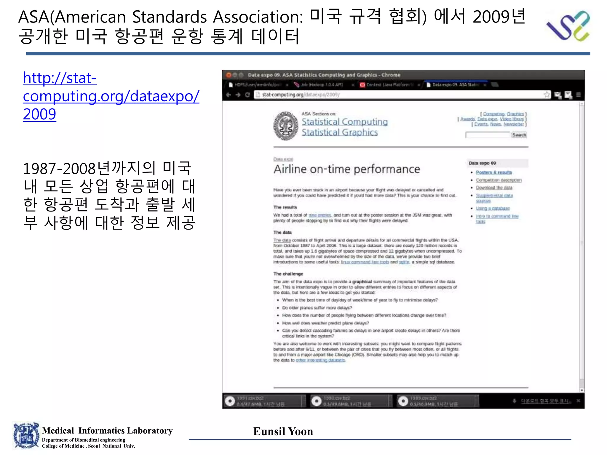 Medical Informatics Laboratory
Department of Biomedical engineering
College of Medicine , Seoul National Univ.
Eunsil Yoon
ASA(American Standards Association: 미국 규격 협회) 에서 2009년
공개한 미국 항공편 운항 통계 데이터
http://stat-
computing.org/dataexpo/
2009
1987-2008년까지의 미국
내 모든 상업 항공편에 대
한 항공편 도착과 출발 세
부 사항에 대한 정보 제공
 