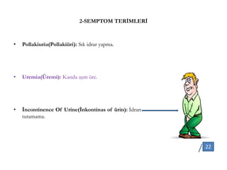 2-SEMPTOM TERİMLERİ
• Pollakiuria(Pollakiüri): Sık idrar yapma.
• Uremia(Üremi): Kanda aşırı üre.
• İncontinence Of Urine(İnkontinas of ürin): İdrarı
tutamama.
22
 