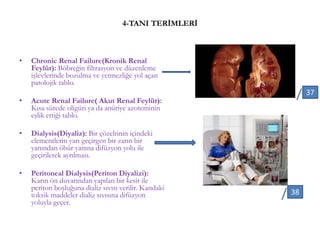 4-TANI TERİMLERİ
• Chronic Renal Failure(Kronik Renal
Feylür): Böbreğin filtrasyon ve düzenleme
işlevlerinde bozulma ve yetmezliğe yol açan
patolojik tablo.
• Acute Renal Failure( Akut Renal Feylür):
Kısa sürede oligüri ya da anüriye azoteminin
eşlik ettiği tablo.
• Dialysis(Diyaliz): Bir çözeltinin içindeki
elementlerin yarı geçirgen bir zarın bir
yanından öbür yanına difüzyon yolu ile
geçirilerek ayrılması.
• Peritoneal Dialysis(Periton Diyalizi):
Karın ön duvarından yapılan bir kesit ile
periton boşluğuna dializ sıvısı verilir. Kandaki
toksik maddeler dializ sıvısına difüzyon
yoluyla geçer.
37
38
 