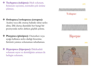  Tachypnea (takipne): Hızlı solunum.
Solunum sayısının, normalin çok üstüne
çıkması.
 Orthopnea/orthopnoea (ortopne):
Ayakta veya dik oturuş halinde rahat nefes
alma. Dik duruş dışındaki her hangi bir
pozisyonda nefes alırken güçlük çekme.
 Platypnea (platipne): Otururken veya
ayağa kalkınca nefes darlığı hissetme.
Sırtüstü yatınca solunumun rahatlaması.
 Hyperpnea (hiperpne): Dakikadaki
solunum sayısı ve derinliğinin artması ile
belirgin solunum.
(47)
(49)
(50)
 