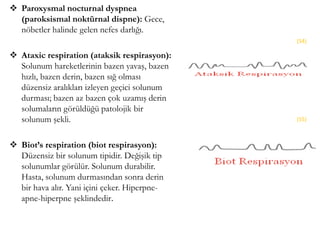  Paroxysmal nocturnal dyspnea
(paroksismal noktürnal dispne): Gece,
nöbetler halinde gelen nefes darlığı.
 Ataxic respiration (ataksik respirasyon):
Solunum hareketlerinin bazen yavaş, bazen
hızlı, bazen derin, bazen sığ olması
düzensiz aralıkları izleyen geçici solunum
durması; bazen az bazen çok uzamış derin
solumaların görüldüğü patolojik bir
solunum şekli.
 Biot’s respiration (biot respirasyon):
Düzensiz bir solunum tipidir. Değişik tip
solunumlar görülür. Solunum durabilir.
Hasta, solunum durmasından sonra derin
bir hava alır. Yani içini çeker. Hiperpne-
apne-hiperpne şeklindedir.
(54)
(55)
 