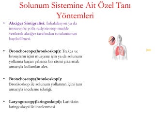 Solunum Sistemine Ait Özel Tanı
Yöntemleri
• Akciğer Sintigrafisi: İnhalalasyon ya da
intravenöz yolla radyoizotop madde
verilerek akciğer tarafından tutulumunun
kaydedilmesi.
• Bronchoscope(bronkoskop): Trekea ve
bronşların içini muayene için ya da solunum
yollarına kaçan yabancı bir cismi çıkarmak
amacıyla kullanılan alet.
• Bronchoscopy(bronkoskopi):
Bronkoskop ile solunum yollarının içini tanı
amacıyla inceleme tekniği.
• Laryngoscopy(laringoskopi): Larinksin
laringoskopi ile incelenmesi
(60)
 