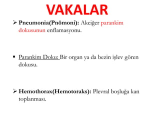 VAKALAR
 Pneumonia(Pnömoni): Akciğer parankim
dokusunun enflamasyonu.
 Parankim Doku: Bir organ ya da bezin işlev gören
dokusu.
 Hemothorax(Hemotoraks): Plevral boşluğa kan
toplanması.
 