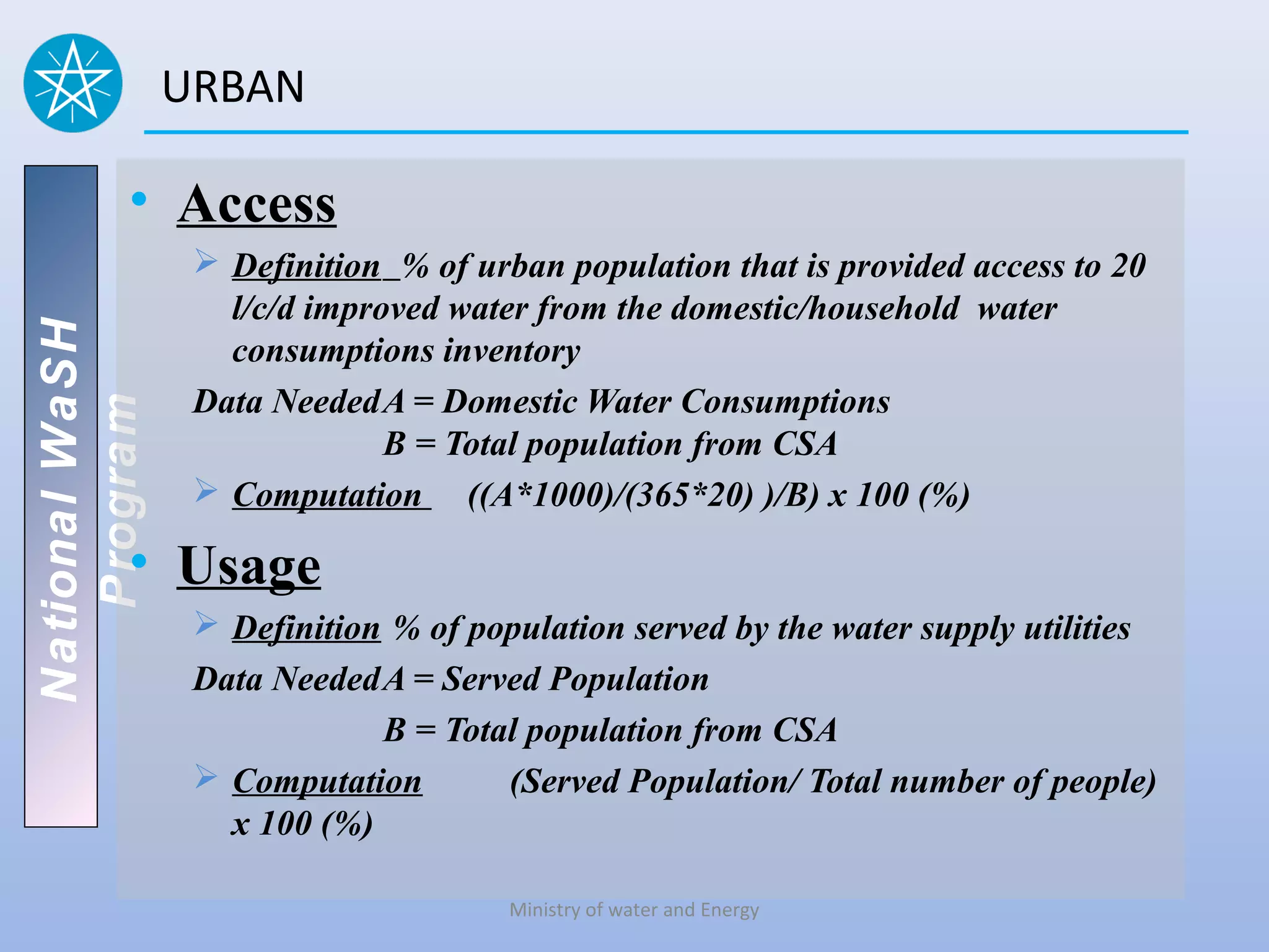 URBAN

          • Access
                  Definition % of urban population that is provided access to 20
                   l/c/d improved water from the domestic/household water
National WaSH




                   consumptions inventory
                 Data NeededA = Domestic Water Consumptions
   Program




                              B = Total population from CSA
                  Computation ((A*1000)/(365*20) )/B) x 100 (%)

          • Usage
                  Definition % of population served by the water supply utilities
                 Data NeededA = Served Population
                             B = Total population from CSA
                  Computation       (Served Population/ Total number of people)
                   x 100 (%)

                                      Ministry of water and Energy
 