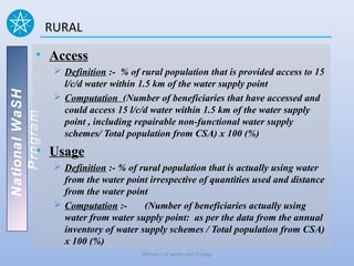 RURAL

          • Access
                  Definition :- % of rural population that is provided access to 15
                   l/c/d water within 1.5 km of the water supply point
National WaSH




                  Computation (Number of beneficiaries that have accessed and
                   could access 15 l/c/d water within 1.5 km of the water supply
   Program




                   point , including repairable non-functional water supply
                   schemes/ Total population from CSA) x 100 (%)
          • Usage
                  Definition :- % of rural population that is actually using water
                   from the water point irrespective of quantities used and distance
                   from the water point
                  Computation :-      (Number of beneficiaries actually using
                   water from water supply point: as per the data from the annual
                   inventory of water supply schemes / Total population from CSA)
                   x 100 (%)
                                      Ministry of water and Energy
 