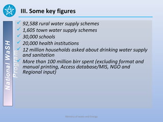 III. Some key figures
           92,588 rural water supply schemes
           1,605 town water supply schemes
           30,000 schools
           20,000 health institutions
National WaSH




           12 million households asked about drinking water supply
   Program




            and sanitation
           More than 100 million birr spent (excluding format and
            manual printing, Access database/MIS, NGO and
            Regional input)




                                 Ministry of water and Energy
 