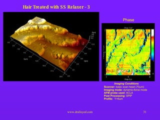 Hair Treated with SS Relaxer - 3 Imaging Conditions Scanner:  basic scan head (70  m)  Imaging mode:  dynamic-force mode  AFM probe used:  ACLA Post Processing:  SPIP Profile:  Y=6um Phase 