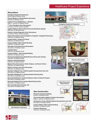 Healthcare Project Experience

Renovations
Emergency Department Expansion
Stanly Regional Medical Center
Physical Medicine & Rehabilitation Renovation
Asheville VA Medical Center
Inpatient Privacy Modifications – 3B North
Ralph H. Johnson VA Medical Center
 st
                                                                                       Emergency Department Expansion
1 Floor Pain/Spine Clinic Renovations
University of North Carolina Hospitals
Inpatient Medicine Beds 4 West-Community Standards Upgrade
WJB Dorn VA Medical Center
Pediatric Cardiac Diagnostic Clinic Renovations
University of North Carolina Hospitals
Interior Renovations and Consolidation of Inpatient / Outpatient Pharmacies
WJB Dorn VA Medical Center
Surgical Suites / Surgical ICU Study
WJB Dorn VA Medical Center
Canopy Addition: Main Hospital Building
WJB Dorn VA Medical Center
Informatics (Computer Room) Renovations
WG Hefner VA Medical Center
Lab Renovation
WJB Dorn VA Medical Center
Canopy Addition – Main Hospital Building
WJB Dorn VA Medical Center
Pharmacy/Lobby/Smoking Shelter/Entrance Renovation Studies
WJB Dorn VA Medical Center
Director’s Suite Renovations                                                                                 Pharmacy Renovation
WJB Dorn VA Medical Center
Medical Clinic Renovations: Dental, Dialysis, and Generic Clinics
WJB Dorn VA Medical Center
Women’s Primary Care Clinic Renovation
WJB Dorn VA Medical Center
Remodel of Bldg B-10 to a 90-Bed Inpatient Nursing Home Care Unit
WG Hefner VA Medical Center
Remodel of Building B-11: Existing Inpatient Nursing Home
WG Hefner VA Medical Center
Renovate Building B-4: Inpatient Substance Abuse Treatment Program
WG Hefner VA Medical Center
Renovate Building B-3 for Inpatient Mental Illness Clinic
                                                                                        4 West Renovation,
WG Hefner VA Medical Center
                                                                                          Patient Rooms
Post Traumatic Stress Disorder Unit
WG Hefner VA Medical Center



                                             New Construction
                                             Research Laboratory Building
                                             Durham VA Medical Center
                                             Clinical Specialties Addition & Interior Renovations
                                             Ralph H. Johnson VA Medical Center
                                             Construction of new 120-bed Inpatient Nursing Home Care Unit
                                             WG Hefner VA Medical Center
                                             Canopy Addition: Main Hospital Building
                                             WJB Dorn VA Medical Center
      New Research Laboratory
                                             Construct Warehouse
                                             WJB Dorn VA Medical Center
 