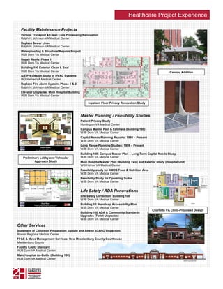 Healthcare Project Experience

  Facility Maintenance Projects
  Vertical Transport & Clean Core Processing Renovation
  Ralph H. Johnson VA Medical Center
  Replace Sewer Lines
  Ralph H. Johnson VA Medical Center
  Waterproofing & Structural Repairs Project
  WJB Dorn VA Medical Center
  Repair Roofs: Phase I
  WJB Dorn VA Medical Center
  Building 100 Exterior Clean & Seal
  WJB Dorn VA Medical Center                                                                                               Canopy Addition
  A/E Pre-Design Study of HVAC Systems
  WG Hefner VA Medical Center
  Replace Fire Alarm System, Phase 1 & 2
  Ralph H. Johnson VA Medical Center
  Elevator Upgrades: Main Hospital Building
  WJB Dorn VA Medical Center

                                                                 Inpatient Floor Privacy Renovation Study



                                                            Master Planning / Feasibility Studies
                                                            Patient Privacy Study
                                                            Huntington VA Medical Center
                                                            Campus Master Plan & Estimate (Building 100)
                                                            WJB Dorn VA Medical Center
                                                            Capital Needs Planning Reports: 1998 – Present
                                                            WJB Dorn VA Medical Center

                       Interior Studies
                                                            Long Range Planning Studies: 1999 – Present
                            Main Lobby
             W.J.B. Dorn Veterans’ Affairs Medical Center
                                                            WJB Dorn VA Medical Center
                                                            Building 100: Campus Master Plan – Long-Term Capital Needs Study
    Preliminary Lobby and Vehicular                         WJB Dorn VA Medical Center
            Approach Study                                  Main Hospital Master Plan (Building Two) and Exterior Study (Hospital Unit)
                                                            WG Hefner VA Medical Center
                                                            Feasibility study for AMDS Food & Nutrition Area
                                                            WJB Dorn VA Medical Center
                                                            Feasibility Study for Operating Suites
                                                            WJB Dorn VA Medical Center


                                                            Life Safety / ADA Renovations
                                                            Life Safety Correction: Building 100
                                                            WJB Dorn VA Medical Center
                                                            Building 10: Handicap Accessibility Plan
                                                            WJB Dorn VA Medical Center
                                                                                                               Charlotte VA Clinic-Proposed Design
                                                            Building 100 ADA & Community Standards
                                                            Upgrades (Toilet Upgrades)
                                                            WJB Dorn VA Medical Center

Other Services
Statement of Condition Preparation; Update and Attend JCAHO Inspection.
Rowan Regional Medical Center
FF&E & Move Management Services: New Mecklenburg County Courthouse
Mecklenburg County
Facility CADD Standard
WJB Dorn VA Medical Center
Main Hospital As-Builts (Building 100)
WJB Dorn VA Medical Center
 