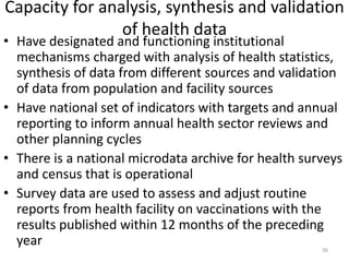 Capacity for analysis, synthesis and validation
of health data
• Have designated and functioning institutional
mechanisms charged with analysis of health statistics,
synthesis of data from different sources and validation
of data from population and facility sources
• Have national set of indicators with targets and annual
reporting to inform annual health sector reviews and
other planning cycles
• There is a national microdata archive for health surveys
and census that is operational
• Survey data are used to assess and adjust routine
reports from health facility on vaccinations with the
results published within 12 months of the preceding
year 36
 