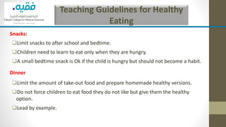 Teaching Guidelines for Healthy
Eating
Snacks:
❑Limit snacks to after school and bedtime.
❑Children need to learn to eat only when they are hungry.
❑A small bedtime snack is Ok if the child is hungry but should not become a habit.
Dinner
❑Limit the amount of take-out food and prepare homemade healthy versions.
❑Do not force children to eat food they do not like but give them the healthy
option.
❑Lead by example.
 