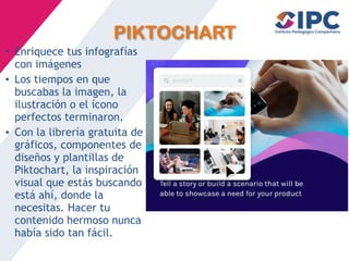 PIKTOCHART
• Enriquece tus infografías
con imágenes
• Los tiempos en que
buscabas la imagen, la
ilustración o el ícono
perfectos terminaron.
• Con la librería gratuita de
gráficos, componentes de
diseños y plantillas de
Piktochart, la inspiración
visual que estás buscando
está ahí, donde la
necesitas. Hacer tu
contenido hermoso nunca
había sido tan fácil.
 