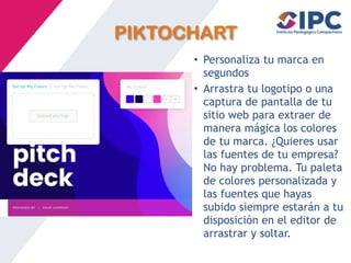 PIKTOCHART
• Personaliza tu marca en
segundos
• Arrastra tu logotipo o una
captura de pantalla de tu
sitio web para extraer de
manera mágica los colores
de tu marca. ¿Quieres usar
las fuentes de tu empresa?
No hay problema. Tu paleta
de colores personalizada y
las fuentes que hayas
subido siempre estarán a tu
disposición en el editor de
arrastrar y soltar.
 