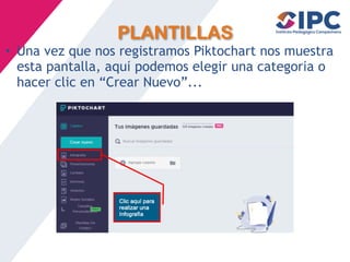 PLANTILLAS
• Una vez que nos registramos Piktochart nos muestra
esta pantalla, aqu
í
podemos elegir una categor
í
a o
hacer clic en “Crear Nuevo”...
 
