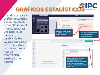 GRÁFICOS ESTADÍSTICOS
• Cuando aparezca un
gr
á
fico estad
í
stico
deberemos hacer
doble clic sobre el
mismo, se abrir
á
una planilla de
c
á
lculo...
cambiando los
valores que est
á
n
por los nuestros
podremos mostrar
nuestra
informaci
ó
n,
veamos c
ó
mo
hacerlo
 