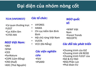 Đại diện của nhóm nòng cốt
Các tổ chức:
• VIFORES
• HAWA
• Chi cục kiểm lâm Bình
Định
• Hội chủ rừng Việt Nam
• VUSTA
• VCCI (Đà Nẵng)
NGO Việt Nam:
•SRD
•SFMI
•CED
•PanNature
•COPE (Lâm Đồng)
•CRD (Huế)
•ADC (Thái Nguyên)
Các viện nghiên
cứu
•FSIV
•IPSARD
TCLN (VNFOREST)
•Cơ quan thường trực
FLEGT
•Cục Kiểm lâm
•CITES MA
NGO quốc
tế:
•WWF Việt
Nam
•Forest Trends
•RECOFTC
Các đối tác phát triển
•Chương trình của GIZ
•Chương trình UN REDD
•Chương trình FLEGT của
FAO & EU FAO
•ĐSQ Phần Lan
•Phái đoàn EU
 