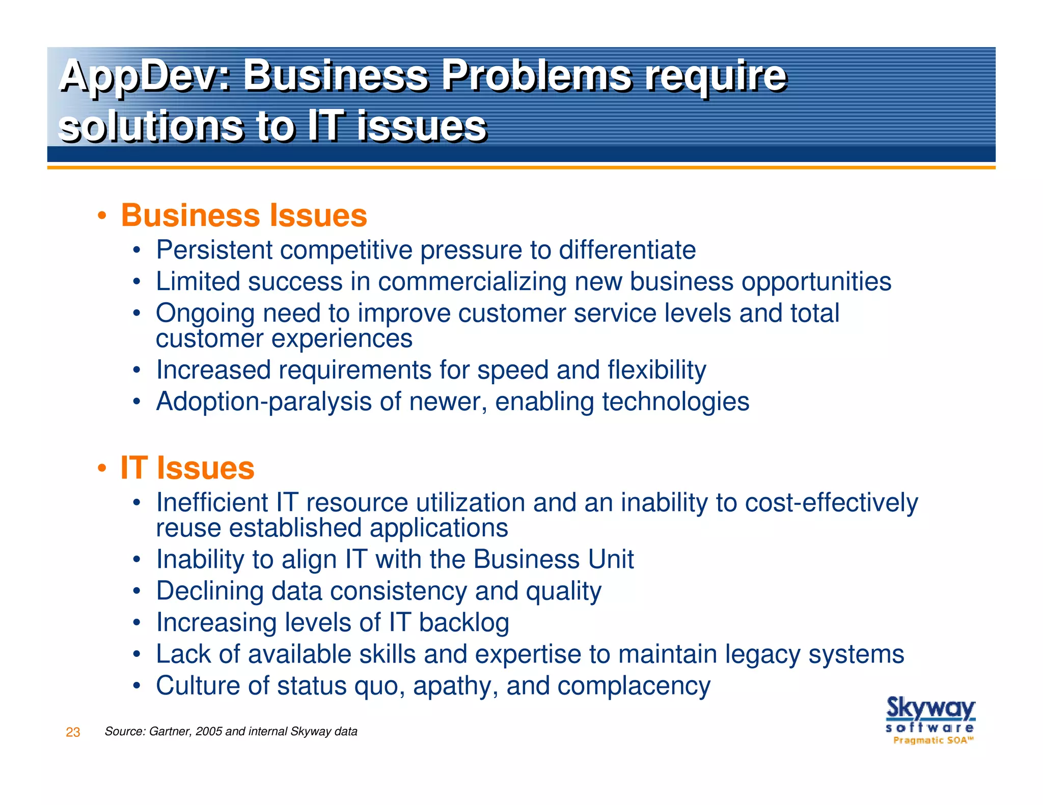 AppDev: Business Problems require
solutions to IT issues

     • Business Issues
          • Persistent competitive pressure to differentiate
          • Limited success in commercializing new business opportunities
          • Ongoing need to improve customer service levels and total
            customer experiences
          • Increased requirements for speed and flexibility
          • Adoption-paralysis of newer, enabling technologies

     • IT Issues
          • Inefficient IT resource utilization and an inability to cost-effectively
            reuse established applications
          • Inability to align IT with the Business Unit
          • Declining data consistency and quality
          • Increasing levels of IT backlog
          • Lack of available skills and expertise to maintain legacy systems
          • Culture of status quo, apathy, and complacency
23   Source: Gartner, 2005 and internal Skyway data
 