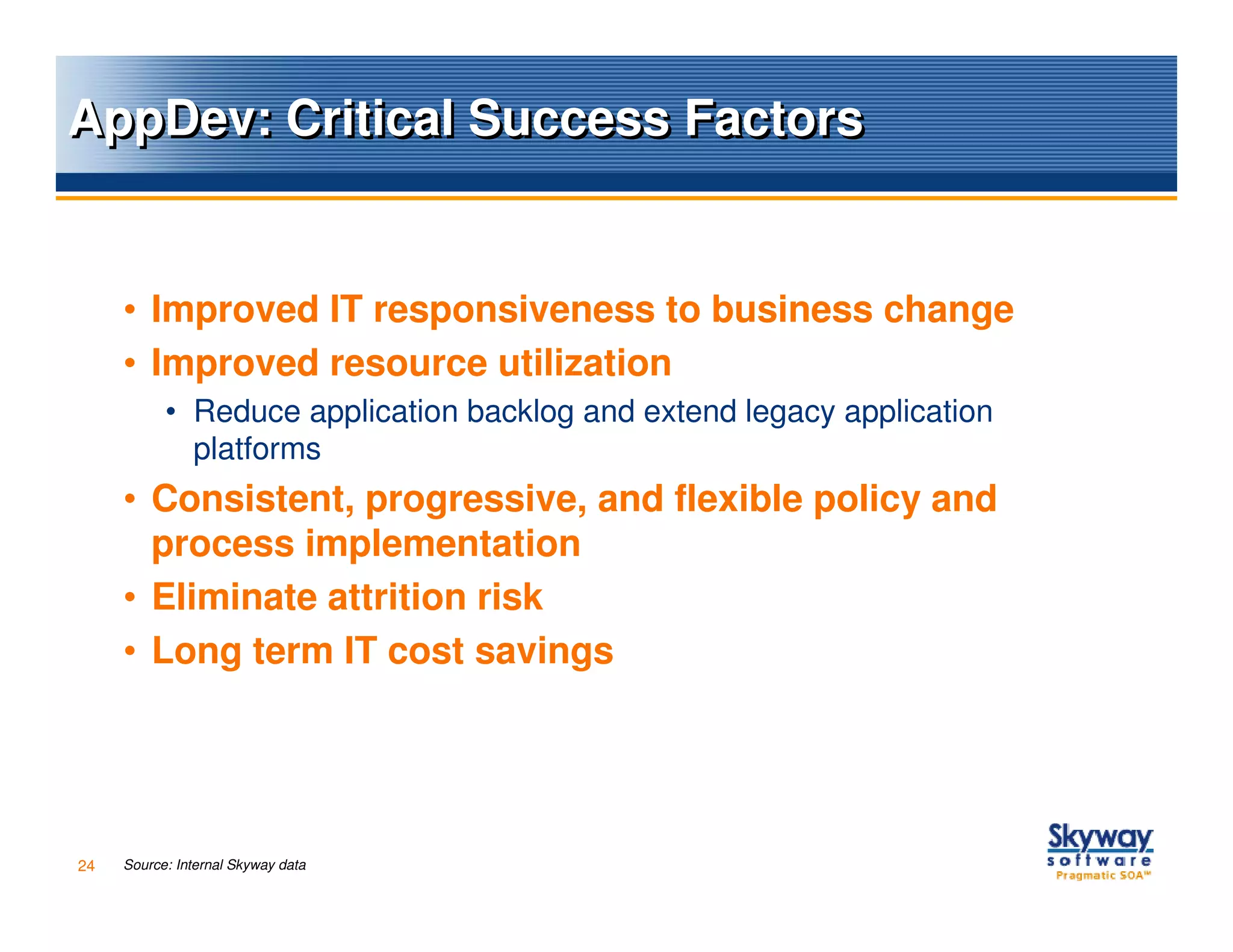 AppDev: Critical Success Factors


     • Improved IT responsiveness to business change
     • Improved resource utilization
           • Reduce application backlog and extend legacy application
             platforms
     • Consistent, progressive, and flexible policy and
       process implementation
     • Eliminate attrition risk
     • Long term IT cost savings




24   Source: Internal Skyway data
 