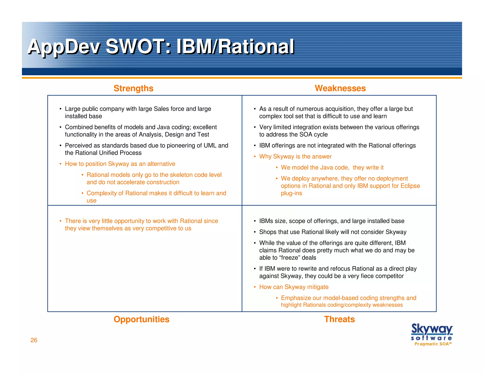 AppDev SWOT: IBM/Rational
                          Strengths                                                            Weaknesses

     • Large public company with large Sales force and large            • As a result of numerous acquisition, they offer a large but
       installed base                                                     complex tool set that is difficult to use and learn
     • Combined benefits of models and Java coding; excellent           • Very limited integration exists between the various offerings
       functionality in the areas of Analysis, Design and Test            to address the SOA cycle
     • Perceived as standards based due to pioneering of UML and        • IBM offerings are not integrated with the Rational offerings
       the Rational Unified Process
                                                                        • Why Skyway is the answer
     • How to position Skyway as an alternative
                                                                                • We model the Java code, they write it
             • Rational models only go to the skeleton code level
                                                                                • We deploy anywhere, they offer no deployment
               and do not accelerate construction
                                                                                  options in Rational and only IBM support for Eclipse
             • Complexity of Rational makes it difficult to learn and             plug-ins
               use


     • There is very little opportunity to work with Rational since     • IBMs size, scope of offerings, and large installed base
       they view themselves as very competitive to us
                                                                        • Shops that use Rational likely will not consider Skyway
                                                                        • While the value of the offerings are quite different, IBM
                                                                          claims Rational does pretty much what we do and may be
                                                                          able to “freeze” deals
                                                                        • If IBM were to rewrite and refocus Rational as a direct play
                                                                          against Skyway, they could be a very fiece competitor
                                                                        • How can Skyway mitigate
                                                                                • Emphasize our model-based coding strengths and
                                                                                  highlight Rationals coding/complexity weaknesses

                          Opportunities                                                           Threats

26
 