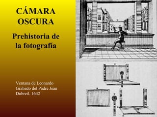 CÁMARA
 OSCURA
Prehistoria de
 la fotografía



 Ventana de Leonardo
 Grabado del Padre Jean
 Dubreil. 1642
 