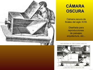 CÁMARA
OSCURA
  Cámara oscura de
finales del siglo XVIII.

   Diseñada para
  reproducciones
    de paisajes,
 arquitectura, etc...
 