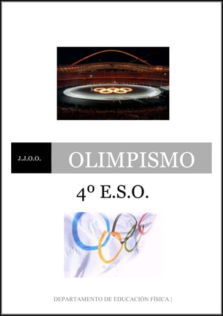 DEPARTAMENTO DE EDUCACIÓN FÍSICA | j.j.o.o.olimpismo<br />4º E.S.O.<br />Índice: TOC  quot;
1-3quot;
    1.LA IDEA DE LOS JUEGOS OLÍMPICOS PAGEREF _Toc304480891  32.LA FILOSOFIA OLIMPICA. PAGEREF _Toc304480892  32.1. El emblema olímpico PAGEREF _Toc304480893  42.2.La antorcha olímpica PAGEREF _Toc304480894  42.3.El juramento olímpico PAGEREF _Toc304480895  52.4.La bandera olímpica PAGEREF _Toc304480896  52.5.El himno olímpico PAGEREF _Toc304480897  62.6.El lema olímpico o divisa olímpica. PAGEREF _Toc304480898  62.7.El fuego olímpico PAGEREF _Toc304480899  72.8.La Medalla Olímpica PAGEREF _Toc304480900  72.9.Rama del Olivo: El Kotinos. PAGEREF _Toc304480901  83.HISTORIA DE LOS JUEGOS OLÍMPICOS PAGEREF _Toc304480902  9I.Atenas 1896 PAGEREF _Toc304480903  9II.París 1900 PAGEREF _Toc304480904  10III.San Luis 1904 PAGEREF _Toc304480905  10IV- Londres 1908 PAGEREF _Toc304480906  10V - Estocolmo 1912 PAGEREF _Toc304480907  11VII- Amberes1920 PAGEREF _Toc304480908  11VIII- París 1924 PAGEREF _Toc304480909  11IX- Ámsterdam 1928 PAGEREF _Toc304480910  11X- Los Ángeles 1932 PAGEREF _Toc304480911  12XI- Berlín 1936 PAGEREF _Toc304480912  12XII y XIII.- 1940 y 1946 PAGEREF _Toc304480913  12XIV- Londres 1948 PAGEREF _Toc304480914  13XV - Helsinki 1952 PAGEREF _Toc304480915  13XVI- Melbourne 1956 PAGEREF _Toc304480916  14XVII - Roma 1960 PAGEREF _Toc304480917  14XVIII - Tokio 1964 PAGEREF _Toc304480918  14XIX - México 1968 PAGEREF _Toc304480919  15XX - Munich 1972 PAGEREF _Toc304480920  15XXI - Montreal 1976 PAGEREF _Toc304480921  16XXII - Moscú 1980 PAGEREF _Toc304480922  16XXIII - Los Ángeles 1984 PAGEREF _Toc304480923  17XXIV - Seúl 1988 PAGEREF _Toc304480924  17XXV - Barcelona 1992 PAGEREF _Toc304480925  18XXVI - Atlanta 1996 PAGEREF _Toc304480926  18XXVII.- Sydney 2000 PAGEREF _Toc304480927  19XXVIII.- Atenas 2004 PAGEREF _Toc304480928  19XXIX.- Pekín 2008 PAGEREF _Toc304480929  20XXX.- Londres 2012 PAGEREF _Toc304480930  20XXXI.- Rio de Janeiro 2016 PAGEREF _Toc304480931  20<br />EL OLIMPISMO<br />LA IDEA DE LOS JUEGOS OLÍMPICOS<br />Para ubicar el quot;
nacimientoquot;
 de los juegos olímpicos actuales, hemos de situarnos en la Universidad de la Sorbona, en el París de 1.892.<br />304165168910Allí, Pierre de Coubertain, un aristócrata francés, anunciaba en el marco de una reunión internacional del deporte su deseo de restablecer algún día los juegos olímpicos.<br />Dos años después, en Junio de 1.894, en otro congreso sobre el deporte se trataban ocho puntos. El octavo decía quot;
sobre la posibilidad de restablecer los juegos olímpicosquot;
. Los delegados asistentes no sólo aplaudieron la idea, sino que la aprobaron por unanimidad, decidiéndose el lugar y el año. Atenas, 1.896.<br />Los juegos olímpicos se iniciaban en 1.896, pero el concepto de olimpismo tal y como lo conocemos hoy tardó mucho en desarrollarse.<br />LA FILOSOFIA OLIMPICA.<br />La llama olímpica se extingue en el pebetero del estadio, se clausura unos Juegos y deberán pasar cuatro años para que el mundo vuelva a revivir las mismas emociones que se renuevan desde la primera olimpiada moderna en 1.896.<br />Definir el olimpismo no es una tarea sencilla, aunque como dice A. Nissiotis:<br />22669539370<br />quot;
El término olimpismo debe ser interpretado como expresión de un complejo de ideas y valores que se refieren a movimiento olímpico. El olimpismo representa una visión global del esfuerzo continuo del hombre en sobreponerse y superar el orden social existente hacia un objetivo siempre más elevado de dignidad humanaquot;
.<br />La filosofía olímpica del deporte describe la importancia del deporte como una forma integradora de la educación del ser humano. Aboga por un desarrollo espiritual, moral, equilibrado y global del individuo. Cultiva valores como la dignidad, el reconocimiento mutuo, la cooperación, la justa competencia, la amistad, el juego limpio, la paz social el internacionalismo, etc. Y el instrumento para conseguir todo esto es el deporte.<br />Toda la filosofía de los juegos se ve reflejada en sus signos y mensajes y podrán ser resumidos en los siguientes ideales:<br />170815717551. El Olimpismo es una filosofía de vida, que busca la ARMONIA entre las cualidades del cuerpo y del espíritu.<br />2. Aunando deporte, cultura y educación, el Olimpismo se propone crear un “estilo de vida” basado en la alegría del ESFUERZO, el valor educativo del BUEN EJEMPLO y de los principios éticos universales.<br />3. Que el deporte esté al servicio del desarrollo armónico de las personas, por el establecimiento de una sociedad en paz y la protección de la DIGNIDAD HUMANA.<br />4. El espíritu olímpico pide COMPRENSION mutua, SOLIDARIDAD y espíritu de AMISTAD.<br />5. El Movimiento Olímpico debe llevar a cabo acciones a favor de la PAZ: fomentar una cultura de paz y coexistencia pacífica.<br />2.1. El emblema olímpico<br />1841524130Está compuesto por cinco aros de colores, cada uno de los cuales representa a un continente, y todos juntos incluyen los colores de todas las banderas del mundo. Lo diseño el propio Coubertain.<br />El emblema olímpico está formado por cinco aros entrelazados que representan los cinco continentes: Europa, Asia, África, Oceanía, y América. Fue diseñado por el Barón Pierre de Coubertain en 1913.<br />Los aros forman dos filas, tres en la parte superior y dos en la inferior. Los aros de la fila superior son de color azul, negro y rojo. Los aros de la parte inferior son de color amarillo y verde. Al menos uno de estos colores se puede encontrar en la bandera de cada nación participante de los Juegos Olímpicos.<br />Coubertain presentó la bandera olímpica con los cinco aros en el congreso olímpico de París 1914, conmemorando el vigésimo aniversario de la fundación del COI. <br />La antorcha olímpica<br />266065124460Se enciende en Olimpia cada cuatro años, meses antes de la inauguración: desde allí se lleva por diversos medios a la ciudad organizadora, y el día de la inauguración se prende el pebetero que alumbrará las Olimpiadas.<br />El juramento olímpico<br />Realmente hay dos, uno que realizan los atletas y otro los jueces: por él, tanto competidores como árbitros se comprometen a respetar las normas, a cumplir los reglamentos según el espíritu que representa a los juegos.<br />El juramento olímpico es prestado por un atleta durante la ceremonia de apertura de los Juegos Olímpicos.<br />El atleta, del equipo del país organizador, sostiene una esquina de la bandera Olímpica mientras lee el juramento, que dice:<br />En nombre de todos los competidores, prometo que participaremos en estos Juegos Olímpicos, respetando y ateniéndonos a las reglas que los gobiernan, comprometiéndonos a un deporte sin dopaje y sin drogas, con el espíritu verdadero de la deportividad, por la gloria del deporte y el honor de nuestros equipos.<br />El juez, también del país organizador, dice algo parecido, pero adaptado a su cometido:<br />En nombre de todos los jueces y árbitros, prometo que oficiaremos en estos Juegos Olímpicos sin prejuicio, respetando y ateniéndonos a las reglas que los gobiernan con el espíritu verdadero de la deportividad.<br />El Juramento Olímpico, escrito por Pierre de Coubertain, fue prestado por un atleta por primera vez en los Juegos Olímpicos de Amberes 1920. En cuanto a los jueces, su primer juramento tuvo lugar en los Juegos Olímpicos de Munich 1972.<br />El texto del juramento ha cambiado ligeramente a lo largo de los años. El juramento prestado por Victor Boin en 1920 dice así:<br />Juramos que tomaremos parte en los Juegos Olímpicos con un espíritu de caballerosidad, por el honor de nuestro país y por la gloria del deporte.<br />Posteriormente se cambió “jurar” por “prometer” y “país” por “equipo”. La parte que concierne al dopaje fue añadida en los Juegos Olímpicos de Sydney 2000.<br />La bandera olímpica<br />21844045720<br />De color blanco, lleva en el centro el emblema olímpico. Fue utilizada por primera vez en 1.920, en los juegos olímpicos de Amberes. Su izado en la ceremonia inaugural constituye uno de los momentos más emotivos de los juegos.<br />El himno olímpico<br />left100965Compuesto en 1.896 por un griego, Spiros Samaras, acompaña el izado de la bandera en la ceremonia de inauguración.<br />Se interpreta durante la jornada Inaugural de los Juegos, acompañando la entrada de la bandera Olímpica al Estadio.<br />Himno Olímpico Oficial fue adoptado por el Comité Olímpico Internacional en 1957. Está basado en un poema del poeta griego Costis Palamas, y fue puesto en música por Spirous Samaras en 1896. La primera vez que se interpretó este himno, antes de adopción como himno oficial, fue en los Juegos Olímpicos de Atenas en 1896.<br />El Himno Olímpico sólo existe en el idioma original (griego), en inglés y francés, por ser estos los dos idiomas oficiales del COI.<br />Espíritu inmortal de la antigüedad,<br />Padre de lo verdadero, lo hermoso y lo bueno.<br />Desciende, preséntate, ven derrámanos tu luz sobre ésta tierra y bajo este cielo.<br />Que fue el testigo de tu fama.<br />Dale vida, brillo y luz a estos nobles juegos<br />Arrojad, coronas de flores que no marchitaran,<br />¡A los victoriosos en la carrera y en la contienda!<br />!Crea, en nuestros pechos, corazones de acero¡<br />!Crea, en nuestros pechos, corazones de acero¡<br />En tus inmensas llanuras, montañas y mares<br />Brilla en un gran matiz y forma un templo<br />En el que todas las naciones se reúnan para adorarte,<br />¡Oh espíritu inmortal!<br />Oh espíritu inmortal!<br />¡Oh espíritu inmortal! de la antigüedad!<br />El lema olímpico o divisa olímpica.<br />208915364490Es CITIUS, ALTIUS, FORTIUS (más rápido, más alto, más fuerte). Representa el espíritu de superación del ser humano y la motivación por la mejora personal. Es aplicable a todos los deportistas, también a ti.<br />Simboliza la ambición para superar a los rivales y la voluntad del deportista para superarse a sí mismo. Esta divisa no fue creada por Pierre de Coubertain o algún miembro del Comité Olímpico. Toda la historia de la divisa oficial olímpica se resume a las tres palabras pronunciadas en latín por el padre Didon, prior del colegio de Arcueil para inculcar a sus discípulos el espíritu deportivo durante los encuentros de fútbol, diciéndoles: ¡¡¡ Citius, altius, fortius !!! Estas palabras impactaron tanto al Barón Pierre de Coubertain que de inmediato fueron adoptadas como divisa oficial olímpica.<br />Coubertain como pedagogo y sociólogo, exalta el espíritu de lucha como constancia vital.quot;
La vida es simple -decía- porque la lucha es simple. El buen luchador retrocede pero no abandona. Se doblega, pero no renuncia. Si lo imposible se levanta ante él, se desvía y va más lejos. Si le falta el aliento, descansa y espera. Si es puesto fuera de combate, anima a sus hermanos con la palabra y su presencia. Y hasta cuando todo parece derrumbarse ante él, la desesperación nunca le afectará.quot;
<br />quot;
...La vida es simple, porque la lucha es simple. El buen luchador retrocede pero no abandona...quot;
<br />El fuego olímpico<br />Arde durante los Juegos y simboliza la lucha por la perfección y la victoria. Se enciende en la ceremonia inaugural con una antorcha que se lleva en relevos desde Olimpia (Grecia). El relevo de las antorchas se instituyó para los Juegos de Berlín en 1936, ocasión en que participaron 3.000 corredores.<br />181610394335El profesor Carl Diem, secretario general del Comité Organizador berlinés, tuvo la idea de traer el fuego desde las ruinas de la ciudad sagrada de Olimpia explicando al Comité Olímpico Internacional que, como en la antigüedad, sería quot;
un simbólico homenaje al vencedor de la carrera del estadio de los antiguos Juegos, que tenía el privilegio de llevar el fuego sagrado al altar de Zeusquot;
. A los miembros del COI les gustó la idea y de esa forma el 21 de julio de 1936 doce jóvenes griegas encendieron la llama por medio de un crisol en el que convergían los rayos del astro rey. Un atleta griego con el torso desnudo fue el que inició el relevo de la antorcha, la que pasó por manos de tres mil voluntarios desfilando por Atenas, Sofía, Belgrado, Viena y Praga camino de Berlín. A partir de ese momento el relevo de las antorchas y el encendido del fuego olímpico se han convertido en un rito imprescindible en cada edición de los Juegos Olímpicos.<br />La Medalla Olímpica<br />lefttopDesde los Juegos Olímpicos de Ámsterdam, en 1928 hasta Sydney 2000 la medalla de premiación de los Deportistas ha mantenido en su diseño a la diosa Niké sentada con una espiga en una mano y una guirnalda en la otra. A excepción de los Juegos de Munich en 1972, Moscú 1980 y Barcelona 1992, donde los Comités Organizadores de dichos Juegos realizaron un diseño completamente diferente ajustado a la cultura de esos países. En Atenas 2004 el diseño tuvo rasgos de cráter netamente griego por ambas caras.<br />Rama del Olivo: El Kotinos. <br />466090724535Es un emblema simple, sobrio, pero también único, supremo y perpetuo que significa la corona del vencedor. Simboliza la importancia histórica de la Grecia antigua y la calidad imprescindible de los Juegos Olímpicos. Es un símbolo universal de libertad, esperanza, sencillez y es una fuente de inspiración para los deportistas y los ciudadanos del mundo entero. Sus colores destacados en blanco y azul, traen a la mente la limpidez del cielo, la transparencia y el ímpetu del mar griego. <br />HISTORIA DE LOS JUEGOS OLÍMPICOS<br />La competencia olímpica es conocida desde la antigüedad, los primeros reportes datan del año 776 antes de Cristo, en la ciudad de Olímpica en Grecia. Los juegos olímpicos modernos se iniciaron en Atenas, 1896, por sugerencia y con la coordinación del Barón de Coubertain. Desde ese entonces se realizan cada 4 años, con contadas excepciones (I y II Guerra Mundial). Las olimpiadas modernas han generado un movimiento mundial basado en el deporte y en la sana competencia, enmarcado en innumerables hechos anecdóticos que hacen de la historia del olimpismo mundial algo interesante y ameno para ser leído.<br />lefttop<br />Casi 20 siglos después el barón de Coubertain, proveniente de una familia de la aristocracia francesa, en un viaje realizado al estadio Olímpico de Grecia, tuvo la brillante idea de reiniciar los juegos que se realizaban en la antigua ciudad de Olimpia.<br />El Barón, hombre que a pesar de la presión de su familia cambió la carrera militar por la docencia, con estudios de derecho y su ideología siempre enmarcada dentro de la igualdad social, entendió que la actividad deportiva de aquel entonces era solo privilegio de las clases adineradas de la Gran Bretaña. Consideró entonces la necesidad de masificarla dentro de toda la población, reconociendo sus beneficios en el desarrollo de madurez, nobleza, capacidad trabajo y bienestar físico que generaba el esfuerzo y la sana competencia.<br />Hacia el año 1894, el Barón de Coubertain dio origen al movimiento olímpico mundial, al convocar a 14 países creándose el primer Comité Olímpico Internacional (COI), con sede en la prestigiosa universidad parisina de la Sorbona. Dentro de ese contexto académico se adjudicaron los primeros juegos olímpicos de la era moderna a la ciudad de Atenas en reconocimiento histórico a los juegos de la antigüedad.<br />En el mismo congreso fue elegido el primer presidente del COI, cargo asumido por el griego Demetrios Bikelas, mientras que el Barón del deporte como se le llamó a Coubertain, ocupó el cargo de secretario general.<br />46951907900670pesar de las dificultades políticas y financieras que afrontó la organización y gracias a diferentes aportes económicos, especialmente el de un acaudalado comerciante griego llamado George Averof, residente en Alejandría, el quien aportó un millón de dracmas para la construcción del estadio olímpico, se logró la inauguración de los juegos por el rey Jorge l en el año 1896 en el monumental estadio olímpico de Grecia y ante 70.000 espectadores.<br />Atenas 1896<br />En ellos participaron 311 atletas de 11 países y a pesar de los reveses de la mayoría de los atletas griegos, el humilde panadero Spiridon Louis consiguió el triunfo en la Maratón de 42 kilómetros. La prueba, una de las más prestigiosas de la competencia olímpica, fue diseñada recordando la gesta heroica del soldado ateniense que en la antigüedad y después de la batalla, recorrió la misma distancia entre el valle de Maratón y Atenas para anunciar la gran noticia del triunfo de los atenienses sobre los persas. Al terminar su recorrido, cayó muerto por la fatiga y el cansancio.<br />París 1900<br />Los franceses aunque escépticos, realizaron las olimpiadas de 1900, con una indiferencia generalizada y con la realización simultánea de otro evento como era la Exposición Universal, lo que generó un fracaso histórico de esas olimpiadas. Cabe resaltar dentro del marco deportivo, la participación por primera vez de la mujer en las modalidades de tiro con arco y tenis. Alvin Kraenzelin de origen norteamericano fue el atleta más destacado. A su temprana edad plusmarquista mundial en los 110 y 200 metros vallas. Obtuvo la medalla de oro en 60 y 110 metros vallas y en salto largo. <br />San Luis 1904<br />Después de una competencia ardua disputada con la ciudad de Chicago y con la intervención del presidente Roosvelt, San Luis logró la sede de los III juegos olímpicos. Antecedida por el fracaso de las Olimpiadas llevadas a cabo en París, San Luis tampoco pudo concentrar esfuerzos en organizar una verdadera gesta deportiva. En aquella versión olímpica fueron involucradas actividades diferentes y dignas del mejor de los circos del momento. Dicha situación terminó por agravar la ya delicada situación de la organización.<br />De los III juegos cabe resaltar la aparición por primera vez del baloncesto como deporte olímpico. Los norteamericanos lograron triunfos en 22 de las 24 modalidades deportivas. Rew Ewry fue el atleta estrella ganando el salto sin impulso (modalidad ya excluida de los juegos), salto de altura, longitud y salto triple. Es de resaltar la parálisis que el atleta sufrió durante su infancia.<br />Fred Lordz fue considerado la primera persona que intentó hacer fraude. En la modalidad de Maratón, Fred subió a un automóvil en el inicio de la prueba descendiendo en el último tramo para entrar airoso al estadio como triunfador. Detectado el fraude, el atleta fue descalificado cuando estaba a punto de ser coronado por la hija del presidente Roosvelt.<br />IV- Londres 1908<br />Roma fue la ciudad asignada para llevar a cabo los IV juegos olímpicos. Sin embargo, debido a la erupción del volcán Vesubio y a problemas socioeconómicos diversos desistió de realizar dicho evento.<br />Por tal razón, Londres asumió la responsabilidad de organizar las olimpiadas, al evento asistieron 2034 atletas de 22 países, las mujeres participaron en tenis, patinaje artístico y tiro con arco. El italiano Dorando Pietri terminó en primer lugar la maratón con gran heroísmo, semiconsciente y dando tumbos, siendo ayudado en el último tramo de la competencia lo que le generó la descalificación.<br />A pesar de ese suceso la reina Alejandra le concedió una copa de oro en reconocimiento a su valentía. Los estadounidenses se impusieron en la gran mayoría de las competencias, especialmente en atletismo. Al llegar a la ciudad de Nueva York y ante toda la multitud que los esperaba, ingresaron con un león encadenado como símbolo del poder británico vencido, situación que generó un incidente diplomático.<br />V - Estocolmo 1912<br />Para el recuerdo quedarán estas olimpiadas por haber sido en ellas que se implantó el fotofinish y el cronómetro. Participaron delegaciones de 28 países con 2504 atletas. El fútbol masculino y la natación femenina ingresan por primera vez como deportes olímpicos.<br />Como evento asociado se realiza en la ciudad de Estocolmo una olimpiada cultural y artística.<br />El maratonista portugués Francisco Lázaro muere durante la prueba. El atleta norteamericano Jim Thorpe de raza piel roja gana el pentatlón y el decatlón. Sin embargo, es descalificado por haber competido previamente en un campeonato donde recibió dinero. Jim reclamo durante toda su vida la medalla olímpica hasta su muerte en el año 1953. Muchos años más tarde, en un homenaje póstumo, la medalla dorada fue entregada a sus herederos por el Comité Olímpico Internacional.<br />VII- Amberes1920<br />Terminado el primer gran conflicto bélico del siglo, las olimpiadas se reanudan sin poder extraerse al difícil ambiente político del momento. Los países de Alemania, Turquía, Bulgaria y Polonia son excluidos de los juegos por su participación en la primera guerra mundial. También la Unión Soviética es separada del certamen. Participan 2.591 atletas de 29 países. Se incluye en el acto protocolario el juramento olímpico, leído por el waterpolista belga Bictor Boin.<br />VIII- París 1924<br />A pesar del fracaso de la versión anterior de las olimpiadas parisinas, la Ciudad Luz logró nuevamente la sede por recomendación de Coubertain. Asistieron 44 países y 3.075 atletas, por lo que se hizo necesario por primera vez construir una villa olímpica.<br />El atleta estrella fue el finlandés Paavo Nurmi quien conquistó la medalla de oro en la prueba de los 1.500 y 3.000 metros individual a campo traviesa y los 3.000 metros por equipo.<br />Jhonny Weismuller nadador americano ganó las pruebas de 100 y 400 metros, posteriormente fue el protagonista principal de la primera película de Tarzan. Jhonny sufrió en su infancia poliomielitis lo que hace más meritoria sus conquistas olímpicas. <br />IX- Ámsterdam 1928<br />Participan 46 países con 2971 atletas. El conde Henry de Baillet ocupa la posición de secretario general del Comité Olímpico Internacional remplazando al Barón de Coubertain. Las mujeres logran intervenir en un mayor número de pruebas deportivas, como en las disciplinas atléticas de 100, 800 metros lisos, relevos de 4 x 400, salto de altura y lanzamiento de disco. Generando una gran polémica entre los grupos feministas. Se permite nuevamente la participación de alemanes y austríacos.<br />En las pruebas atléticas de media distancia el finlandés Paavo Nurmi y su compañero Ritola ocupan los primeros lugares. Weissmuller logra su cuarta medalla en natación para luego retirarse y dedicarse al cine.<br />X- Los Ángeles 1932<br />Las grandes distancias entre Europa y la ciudad de Los Ángeles generaron una disminución en el número de participantes de los juegos olímpicos para un total de 1.131 atletas, con 127 mujeres. El Memorial Coliseum es el escenario donde se desarrollan los juegos. Se utiliza por primera vez el podium. Las Olimpiadas de Los Ángeles sobresalen por el gran nivel técnico de los atletas, batiéndose cuarenta marcas olímpicas y dieciséis del mundo.<br />El equipo japonés de natación logra la mayoría de las medallas olímpicas en sus modalidades. El norteamericano Clarence Linde Crabbe gana los 400 metros en natación y posteriormente se convierte en el legendario Tarzan del cine. La maratón es ganada por primera vez por un latinoamericano, el argentino Juan Carlos Zabala. Sobresale en los juegos el norteamericano Mildred Didrickson, medalla de oro en 800 metros vallas, lanzamiento de jabalina y plata en salto de altura, además de tener en su haber tres récords del mundo.<br />XI- Berlín 1936<br />-23495389255Después de la escogencia de Berlín como la sede de los juegos olímpicos, el 30 de enero de 1933, Adolfo Hitler sube al poder en Alemania, situación que genera malestar internacional. El 1 de agosto del 36 en una solemne ceremonia y ante la presencia del mandatario, se inauguran los juegos.<br />La antorcha olímpica es traída desde Olimpia en una carrera de 3.075 relevos. Los juegos adquieren un matiz político en busca de demostrar la superioridad aria. Paradójicamente la gran figura de los juegos es el atleta negro Jesse Owens, medalla de oro y récord mundial, logrando medallas doradas en 100, 200 metros 4 x 100 y salto largo. En esa última modalidad se genera un fuerte duelo deportivo entre Jesse y el germano Lutz Long, ganando el norteamericano. Los dos atletas dan la vuelta olímpica abrazados, lo que no fue del agrado de Adolfo Hitler que se encontraba en el estadio.<br />XII y XIII.- 1940 y 1946<br />El Comité Olímpico Internacional concedió la sede a la ciudad de Tokio. Sin embargo, el 7 de julio de 1937, Japón declina el ofrecimiento debido al inicio de la guerra con China.El día 2 de Septiembre de 1937 el Barón del deporte muere en Lausana. Su corazón embalsamado fue enviado a Olimpia donde permanece en la Academia Olímpica Internacional.A pesar que las XII Olimpiadas fueron asignadas a la ciudad de Londres, el 1 de septiembre de 1939, las tropas alemanas invaden Polonia originándose la II Guerra Mundial. El capítulo negro que en la historia mundial representó el mencionado conflicto, marcó también al deporte al dejar de disputarse, por dicho motivo, los juegos Olímpicos de 1940 y 1944<br />Después de terminada la segunda guerra mundial, el Comité Olímpico Internacional, bajo la presidencia del sueco Sigfrid Edstrom, le adjudica la organización de los XIV Juegos Olímpicos a Londres. Después de dos cuatrenios de no llevarse a cabo las Olimpíadas y bajo una severa crisis económica generada por el largo conflicto, Inglaterra asume la responsabilidad de la realización de los Juegos.<br />XIV- Londres 1948<br />A pesar de la neutralidad asumida por el COI, son excluidas de los juegos olímpicos las delegaciones de Japón y Alemania por ser considerados países agresores en la guerra que acababa de terminar. Los juegos olímpicos se caracterizaron por la gran austeridad, generada por el largo conflicto bélico de la segunda guerra mundial. Sin embargo, eso no fue objeto para que los atletas y los espectadores se colmaran de júbilo al ver pasar la antorcha olímpica por la pista atlética del estadio londinense, portada por el gran atleta británico John Mark.<br />La falta de organización fue evidente, seguramente todo enmarcado dentro de la crisis de la posguerra. Errores como la colocación incorrecta de las vallas en los 400 metros o terminar la carrera de los 10.000, metros después de que los atletas habían recorrido 10.400, fueron parte de los principales desaciertos de los jueces y organizadores del evento.<br />La figura de las justas fue la holandesa Fanny Koen, quien casada y con dos hijos, ganó las pruebas de 100 y 200 metros planos, 800 metros con obstáculos y los relevos de 4 x 100. El atleta de Checoslovaquia Emil Zatapek, apodado la locomotora humana, gana la prueba de 10.000 metros, derrotando al campeón del mundo de la modalidad el atleta finlandés Viljo Heino quien, debido al gran ritmo de la competición, tuvo que abandonar la pruebas.<br />Atletas de raza negra comienzan a demostrar su poderío en las pruebas de velocidad 100, 400 y 800 metros planos y relevos de 4x100. Sin embargo, un atleta blanco estadounidense consigue quebrar la hegemonía negra en los 200 metros planos.<br />XV - Helsinki 1952<br />En los juegos olímpicos del 52 se vuelve a reunir toda la familia olímpica, incluyendo Japón y Alemania. La Unión Soviética hace su aparición después de 40 años de ausencia. Lo hace bajo un halo de misterio generado por la famosa guerra fría. Los deportistas de la URSS, son alojados en Otaniemi una sede diferente al resto de los deportistas. Sus entrenamientos son tan aislados que los lleva a utilizar un carril de la piscina olímpica solo para ellos.<br />Sin embargo, la confraternidad olímpica se impone sobre las fronteras políticas y en un brote de entusiasmo, dos de los atletas rusos levantan en brazos al pastor americano Bob Richards al batir el récord olímpico de salto de garrocha.<br />Zatopek, atleta checo se impone con nuevos registros olímpicos en las pruebas de 5000 y 10.000 metros lisos, además de la maratón. Su esposa gana medalla de oro en la prueba de lanzamiento de la jabalina. El atleta brasileño Ferreira da Silva bate consecutivamente 3 marcas mundiales en salto triple.<br />El boxeador sueco Ingerman Johanson no se le da la medalla de plata por la falta de combatividad en la pelea ante el americano Edward Sanders, el cual a la postre sería campeón mundial de los medianos al derrotar al legendario Floyd Patterson.<br />XVI- Melbourne 1956<br />Tras la sangrienta invasión de Hungría por parte de los Soviéticos, muchos países se negaron a participar en los Juegos Olímpicos como protesta a la acción de la Unión Soviética que participaría en los juegos. A pesar de la situación política de Europa, Hungría participó con ayuda del COI. En el desfile inaugural Hungría es ovacionada por el público australiano congregado en el estadio olímpico de Melbourne, mientras que con la delegación soviética guarda un total silencio en protesta a los hechos sucedidos.Durante las Olimpíadas los equipos de Hungría y la Unión Soviética se enfrentan en la final de Waterpolo donde la delegación húngara gana por un marcador de 4 por 0. El ruso Wladimir Kuts vence en la carrera de 5000 y 10.000 metros planos. Bob Richarde nuevamente gana en el salto de garrocha y el americano Parri O´Brien, triunfa en el lanzamiento de disco.<br />XVII - Roma 1960<br />380365939800El 24 de Agosto de 1960 se inauguran las olimpiadas de Roma. Participan 4.000 atletas y son recibidos por el Papa Juan XXIII. En el desfile inaugural las dos Alemanias desfilan en la misma delegación y bajo la misma bandera. Taiwan desfila bajo protesta por no ser reconocida como República Independiente por China. La novedad de los juegos es la transmisión por televisión.<br />El ciclista danés Knud Enemark murió a consecuencia de la utilización de drogas ergogénicas prohibidas. De esa manera se generaron, a partir de ese desafortunado momento, normas estrictas antidoping que aún rigen la competición olímpica. Sin embargo, la lista de medicamentos y drogas utilizadas ilegalmente se ha venido incrementando.<br />El ingeniero soviético Yuri Wlasov logra levantar 537.50 kilogramos en las pesas olímpicas. El alemán Armin Hary en los 100 metros planos de atletismo detiene por primera vez los cronómetros en 10 segundos. Cassius Clay inicia su gloriosa carrera ganando la medalla de oro de boxeo en la categoría de semipesados. Abeba Bikila, etíope, gana la maratón. Wilma Rudolf consigue la medalla de la victoria en los 100, 200 y 4 x 100 relevos, otra persona que por la fuerza de espíritu logra vencer las secuelas de la poliomielitis.<br />XVIII - Tokio 1964<br />Tokio, con gran despliegue de tecnicismo y perfección realiza los juegos. La llama Olímpica proveniente de Olimpia es recibida por el atleta Yoshinari Sakai, quien nació el día de la tragedia de Hiroshima. Las palabras inaugurales de los juegos son pronunciadas por el Emperador Hiro Hito.<br />Dentro de los atletas destacados en aquella edición, están los estadounidenses Bob Hayes, quien dominó las pruebas de velocidad y Don Schollander quien se impuso en la natación. Abebe Bikila se impone por segunda vez en la maratón y Joe Frazier a la saga de Cassius Clay se impone en la categoría de pesos pesados en boxeo.<br />La final de Judo, disciplina que hace su estreno en las Olimpiadas y deporte nacional del Japón, lleva a la final al holandés Antón Geeseink y al ídolo nacional Kaminaga. El triunfo del holandés generó un desconcierto en toda la población japonesa.<br />XIX - México 1968<br />237490490220Ciudad de México generó una gran controversia en la sociedad médica por estar situada a más de 2000 metros sobre nivel del mar. El hecho, que generaría grandes marcas en pruebas de velocidad y un gran esfuerzo de los atletas en las pruebas de fondo. Podría en teoría atentar contra la integridad física de los competidores. El fuego olímpico es llevado en su última etapa por la atleta mexicana Enriqueta Basilio.<br />En esta edición de los juegos, el poder negro (black power) se manifestó como una protesta contra el racismo, cuando el atleta Tom Smith estudiante de ciencias sociales y su compatriota John Carlos, ambos de raza negra, suben al podio ocupando el primer y el tercer lugar respectivamente en los 200 metros planos, sin zapatos con medias negras y Smith luciendo en su mano derecha y Carlos en su mano izquierda un guante negro. Cuando la bandera de su país es izada con el fondo musical del himno americano los dos atletas bajan la cabeza y levantan sus puños desafiantes.<br />Bob Beamon logró pulverizar el anterior récord del mundo en salto largo cuando registró 8.90 metros, 53 cms. más que el récord vigente hasta el momento. El americano Dick Fosbury impone una nueva técnica para el salto de altura que aún se mantiene.<br />XX - Munich 1972<br />2374901183640Periodo olímpico de ingrata recordación, debido al asalto por fracciones de una organización terrorista palestina llamada quot;
Septiembre Negroquot;
, que el 5 de septiembre asaltó los dormitorios de la delegación de Israel matando 2 atletas y llevando como rehenes a otros 11. Ellos exigieron la liberación de 200 prisioneros Arabes en Israel y un avión que los transportara. Después de arduas negociaciones los terroristas son llevados con sus rehenes al aeropuerto de Furstenfelbruk, donde se inicia un tiroteo que dura 8 minutos, el saldo trágico, 9 atletas israelitas, un policía alemán y cinco terroristas muertos.<br />Los juegos continuaron, realizándose un acto fúnebre al día siguiente en el estadio olímpico, con la participación de todas las delegaciones con excepción de los árabes.<br />Dentro de los atletas destacados en los juegos, está el nadador estadounidense Mark Spitz logrando 7 medallas de oro y la soviética Olga Korbut quien ocupó los primeros puestos en la gimnasia olímpica.<br />Para fortuna del mundo entero, las competencias olímpicas no han sido empañadas desde entonces por actos terroristas como el sucedido en aquel año y los juegos se han consolidado como el mejor escenario para batir marcas y mostrar las bondades de la alta competencia.<br />XXI - Montreal 1976<br />18415852170Canadá se preparó muy bien para la realización de las Olimpíadas. Construyó un excelente estadio y una amplia y cómoda villa Olímpica. Una vez más la política entró a jugar papel protagónico en los juegos. Sur Africa, país excluido del Comité Olímpico Internacional por la práctica de segregación racial (apartheid), fue la piedra angular del escándalo. La controversia se originó por el partido de Rugby que se llevó a cabo entre Nueva Zelanda (país que participaría en los Olímpicos) y la nación africana antes de las Olimpíadas. Las delegaciones de ese continente exigieron la exclusión de Nueva Zelanda de los juegos.<br />Sin embargo, el COI se mantuvo en su decisión de permitir la participación de los oceánicos en el evento. Veinticuatro países de Africa, que ya se encontraban congregados en la Villa Olímpica, retiraron sus delegaciones de los juegos y con ellos atletas de primera línea como Fildert Bayi, récord mundial de los 1500, metros no pudieron competir.<br />La llama Olímpica fue conducida en relevos desde Olimpia hasta el estadio de Panatinaikos en Atenas y de allí, el 15 de Julio por medio de rayos Láser y vía satélite, fue enviada a Ottawa. El último relevo fue hecho por la pareja integrada por Sandra Henderson, natural de Toronto y Stephan Prefontaine, de Montreal, en representación de dos culturas y dos lenguas que unen a Canadá. Esta unión en la pista del estadio traería su fruto años después con el matrimonio de Sandra y Stephan.<br />La figura de las Olimpiadas fue Nadia Comaneci, niña de 14 años de origen rumano que logró un impresionante registro de 7.17 en gimnasia, siendo además la primera deportista en la historia de esa modalidad en obtener en una de sus presentaciones la calificación perfecta de 10 puntos.<br />El cubano Teófilo Stevenson, logró colgarse la medalla de oro en boxeo en la categoría de pesos pesados. Otro cubano, Alberto Juantorena, apodado el caballo, triunfó en los 400 y 800 metros.<br />La nota más triste corrió a cargo del esgrimista soviético Boris Omischenko, quien fue descalificado por fraude al colocar sobre su cuerpo un mecanismo que le permitía registrar puntos inexistentes en el tablero.<br />XXII - Moscú 1980<br />La autorización del COI para que la capital soviética realizara los juegos, se acompañó de una serie de protestas dentro y fuera del país. Agravada la situación con la invasión de Afganistán por parte de la URSS, Estados Unidos lideró un boicot contra los juegos, apoyado por el consejo de ministros europeos. A pesar de la no participación en las Olimpiadas de países como Estados Unidos, Canadá, Alemania Federal, Japón, China y Kenia, el certamen se llevó a cabo dentro de una organización de la más alta calidad. Otros países, como el caso de Inglaterra, enviaron a sus deportistas al evento pero sin llevar consigo su pabellón nacional.<br />Como prueba de la calidad organizativa puede citarse el hecho de que se lograron batir 33 récords del mundo. En natación el soviético Wladimir Salnikov consiguió tres medallas de oro superando la marca vigente para los 1.500 metros, siendo el primer ser humano en superar la barrera de los 15 minutos.<br />Algunas protestas, sin embargo, empañaron el evento, pues varios competidores alegaron que la parcialidad de los jueces fue favorecedora a los rusos. Los corredores Steve Ovett y Sebastián Coe, ambos ingleses, se transaron en una disputa deportiva en los 800 y 1500 metros que pasó a la historia como una de las rivalidades más famosas del atletismo.<br />XXIII - Los Ángeles 1984<br />Las vigésimo terceras olimpíadas pasarán a la historia por ser las primeras en donde económicamente no se requirió de ayuda oficial, ya que la totalidad de los costos fue asumida por la empresa privada. La consecuencia directa: también por primera vez en la historia las finanzas de la justa orbital generaron superávit.<br />La réplica del boicot americano en los juegos pasados no se hizo esperar, cuando la Unión Soviética desistió de asistir alegando la inseguridad americana y el pensamiento antisoviético de los estadounidenses. Esa posición de la URSS generó una reacción en cadena de Bulgaria, Vietnam, Corea del Norte, Etiopía, Angola y Laos que tampoco participaron de los juegos.<br />El recorrido de la llama Olímpica fue de 15.000 kilómetros y requirió de 3.436 relevos. El espectáculo de la inauguración fue observado por 2.500 millones de televidentes en todo el mundo.<br />Ya en lo deportivo, la estrella de los juegos fue el atleta estadounidense Carl Lewis, quien triunfó en los 100 y 200 metros planos, y en los relevos de 4x100 , además del salto largo. El japonés Yasuhiro Yamashita logra la medalla de oro en judo a pesar de una lesión en una de sus extremidades inferiores mientras que la rumana Maricica Puica, se impone en los 3.000 metros, ganándole a su principal oponente y favorita la americana Mary Decker, quien presentó una caída en la prueba. Se disputa por primera vez la maratón femenina y es ganada por la atleta americana Joan Benoit. En decatlón, el británico Daley Thompson repite su triunfo, logrado en las Olimpiadas moscovitas.<br />XXIV - Seúl 1988<br />A pesar de las presiones políticas generadas por el conflicto entre las dos Coreas, El COI se sostuvo en la adjudicación de las Olimpíadas a Seúl. El mundo celebró el hecho de que, por fin, en Seúl se logró la congregación de las 160 delegaciones pertenecientes al COI. La historia de los boicots quedó en el pasado.<br />La ceremonia inaugural fue una fiel representación de la cultura Coreana. La llama olímpica fue llevada en su último relevo por el atleta, campeón de la Maratón en Berlín, Kee Chung Sohn. El nivel atlético fue excelente, lográndose batir 14 marcas mundiales en diferentes modalidades deportivas.<br />A pesar de ello, una vez más la nota más destacada tuvo que ver con eventos extradeportivos cuando al atleta canadiense Ben Johnson se le encontraron trazas de esteroides anabólicos (estanazol), en sangre, después de batir el récord mundial en los 100 metros planos, por lo que es descalificado y su nuevo registro anulado.<br />Carl Lewis gana el oro en 100 metros tras la descalificación de Johnson. Además, gana medalla de oro en salto largo. Florence Griffih, logra la medalla de oro en 100, 200 y 400 metros. La nadadora alemana Kristin Otto, logra 6 medallas de oro.<br />XXV - Barcelona 1992<br />La cuidad española, se preparó para la realización de los juegos olímpicos en forma magnífica. Construyó y restauró estadios, organizó una serie de eventos en donde su cultura española y catalana fue divulgada a los turistas. Políticamente, Cataluña, exigía que el catalán se incluyera en las lenguas oficiales de los Olímpicos. El evento logró además, batir un récord en la asistencia con 172 delegaciones.<br />lefttop<br />Atletas de la antigua Yugoslavia, participaban en forma independiente, sin bandera y sin himno, mientras su antigua patria se consumía en el fuego de la guerra.<br />El gimnasta olímpico Cei Vitaly, logró conseguir 6 medallas olímpicas, récord solo superado por el nadador Mark Spitz con sus 7 medallas de oro en natación. El gimnasta chino Xung Li, logró destacada actuación lo que le hizo merecedor del apodo quot;
hombre de plásticoquot;
.<br />Desde el punto de vista deportivo, el hecho más notorio estuvo de nuevo protagonizado por Estados Unidos; por primera vez en la historia de las olimpíadas se permitió la participación de un equipo profesional de baloncesto, reuniéndose así los grandes protagonistas de la liga estadounidense (NBA), formando la famosa escuadra apodada el quot;
dream teamquot;
 (equipo de ensueño), en donde, por una única oportunidad, fue posible reunir, en un mismo equipo, a figuras de la talla de Magic Johnson, Michael Jordan, Patrick Ewing, Clyde Drexler y Larry Bird entre otros. Todos los juegos fueron ganados por la selección de Estados Unidos con diferencias mayores a 30 puntos.<br />Brasil, en un emocionante encuentro de vólibol masculino logró coronarse campeón de las olimpíadas en esa disciplina.<br />XXVI - Atlanta 1996<br />Los últimos juegos del siglo y del milenio, y el escoger a la ciudad estadounidense de Atlanta como sede, generó gran polémica. Algunos críticos atribuyeron la decisión al hecho de que la ciudad es la sede de Coca Cola, insinuando que dicha empresa posiblemente fue determinante en la decisión final. Sin embargo, ante el descontento de las demás ciudades que postularon su nombre, pues la candidata lógica era la ciudad de Atenas, el COI argumentó la seguridad de Atlanta como un factor determinante en la selección. La red de comunicaciones y su infraestructura, son elementos que garantizan el desarrollo de los juegos olímpicos.<br />En una ironía de la vida, años después Atlanta aparecería como una de las ciudades más violentas de Norteamérica por metro cuadrado y el desarrollo de los juegos estuvo rodeado de un halo de violencia por el estallido de una bomba de mediano poder en el parque centenario, con un resultado fatal de 2 muertos y 112 heridos. No obstante, los juegos continúan.<br />El mandatario Bill Clinton inaugura las olimpiadas. Participan 10.800 atletas y 197 delegaciones.<br />Michael Johnson logra ganar en los 200 metros planos imponiendo un fabuloso récord olímpico de 19.32 segundos. Además obtiene el triunfo en los 400 metros planos. Carl Lewis, al ganar la medalla de oro en el salto largo, iguala el récord histórico impuesto por el atleta finlandés Paavo Nurmi de 9 medallas de oro en atletismo.<br />Nigeria sorprendentemente gana en fútbol, hecho histórico si se tiene en cuenta que nunca antes un país africano había obtenido la presea dorada en un torneo internacional del deporte más popular del mundo.<br />XXVII.- Sydney 2000<br />-76835635635Durante la Ceremonia de Apertura de los Juegos, la atleta Cathy Freeman se convirtió en la primera nativa en encender la llama olímpica y la segunda mujer en hacerlo, después de la mexicana Enriqueta Basilio.<br />199 naciones participaron en los Juegos, creando una nueva marca. Afganistán no participó al hallarse suspendida desde la instauración del régimen Talibán.<br />Por primera vez, Corea del Norte y Corea del Sur marcharon bajo una misma bandera durante la Ceremonia inaugural; la cual era blanca con el territorio de la península en color azul.<br />El australiano Ian Thorpe, de sólo 17 años, obtuvo tres medallas de oro y batió la marca de 400 m estilo libre en natación.<br />La rumana Andreea Răducan se convirtió en la primera gimnasta que pierde una medalla debido a dopaje. Tras obtener la medalla de oro en la combinada femenina individual, fue detectada en su sangre pseudoefedrina. Răducan había tomado Nurofen, una medicina corriente para tratar la fiebre, la cual contenía dosis de la droga prohibida.<br />Éric Moussambani, nadador Guineano, que competía en las eliminatorias de 100 metros libres, nadó la prueba en solitario, debido a la descalificación de sus rivales por falsa salida, marcando un tiempo de 1 minuto 52,72 segundos.<br />XXVIII.- Atenas 2004<br />De vuelta al principio<br />Ciento ocho años después de la restauración en 1896, Atenas volvió a acoger unos Juegos de verano con el reto de desmentir a los escépticos sobre sus capacidades. En los últimos meses, las obras tuvieron que acelerarse pero estuvieron a tiempo. Eso sí, con un presupuesto final de 8.000 millones de euros.<br />Los griegos siguen pagando la factura más cara de la historia. Únicamente para el apartado de seguridad, en la primera cita olímpica tras los atentados del 11 de septiembre de 2001, se gastaron 1.200 millones de euros.<br />Por otra parte, a cuatro años del encuentro en Pekín, se puso en evidencia la impresionante potencia que adquirían los atletas asiáticos en general y, en particular, los de China. Estados Unidos volvió a dominar la cita olímpica con 103 medallas y 35 de oro, pero la delegación china ya se situó en segundo lugar, con 63 medallas y 32 primeros puestos.<br />XXIX.- Pekín 2008<br />Beijing 2008 mostró todos los límites de los Juegos Olímpicos. Los límites en cuanto a despliegue e instalaciones, las asombrosas nuevas fronteras en la natación y el atletismo. Pero los Juegos chinos también hicieron ver que el olimpismo no puede ir más allá de las palabras y los símbolos. Y a veces ni siquiera eso.<br />lefttop<br />En unos Juegos Olímpicos que como nunca antes estuvieron alejados de la realidad, el estadounidense Michael Phelps y el jamaiquino Usain Bolt reescribieron el libro de los récords gracias a su titánica actuación. <br />El presidente del COI, Jacques Rogge, aseguró hoy estar quot;
extremadamente satisfechoquot;
 con los Juegos Olímpicos de Pekín.<br />XXX.- Londres 2012<br />quot;
London is nextquot;
, ahora le toca a Londres. Cuando los representantes de la capital inglesa tomaron hoy posesión de la bandera olímpica, los Juegos Olímpicos de Beijing2008 ya eran historia y todas las miradas se dirigían a su futura edición, la número 30, que tendrá lugar en la capital inglesa. Londres ya entró en fiebre olímpica: festejos y saludos de la reina<br />XXXI.- Rio de Janeiro 2016<br />Los XXXI Juegos Olímpicos serán un evento multideportivo que se celebrará entre el 5 y el 21 de agosto de 2016 en la ciudad de Río de Janeiro, Brasil. De manera conjunta se organizarán en dicha ciudad los XV Juegos Paralímpicos, a realizarse entre el 7 y el 18 de septiembre del mismo año.<br />