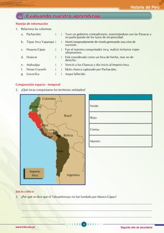 Segundo año de secundaria
15
Historia del Perú
www.trilce.edu.pe
Evaluando nuestro aprendizaje
Manejo de información
1. Relaciona las columnas
a. Pachacútec		 ( ) Tuvo un gobierno contradictorio, enemistándose con las Panacas y
				 no participando de los lazos de reciprocidad.
b. Túpac Inca Yupanqui ( ) Murió inesperadamente de viruela generando una crisis de
				sucesión.
c. Huayna Cápac ( ) Fue el máximo conquistador inca, realizó inclusive viajes 		
				ultramarinos.
d. Huáscar		 ( ) Está considerado como un Inca de hecho, mas no de 			
				derecho.
e. Atahualpa		 ( ) Venció a los Chancas y dio inicio al Imperio Inca.
f. Ninan Cuyochi ( ) Ídolo chanca capturado por Pachacútec.
g. Uscovilca		 ( ) Auqui fallecido.
Comprensión espacio - temporal
2. ¿Qué incas conquistaron los territorios señalados?
Juicio crítico:
3. ¿Por qué se dice que el Tahuantinsuyo no fue fundado por Manco Cápac?
............................................................................................................................................................
............................................................................................................................................................
............................................................................................................................................................
Verde:
Rojo:
Crema:
Marrón:
Imperio
Inca
Perú
Bolivia
Argentina
Brasil
Colombia
Ecuador
Cusco
Chile
 