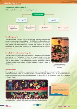 18
Colegios
TRILCE Central: 6198 - 100
Periodos de la historia incaica
La historia del Imperio se divide en cuatro periodos:
Periodo legendario
También llamado Periodo Curacal, corresponde al gobierno de los dos
primeros gobernantes Manco Cápac y Sinchi Roca. Ambos soberanos,
aunque usaron el título de Cápac, fueron en realidad curacas, es decir,
jefes tribales de grupos reducidos, durante este periodo se narra el
peregrinaje de pueblos que vienen del sur hasta instalarse en el valle de
Acamama.
Periodo de la Confederación Cusqueña
También conocido como Período Monárquico, corresponde a los tiempos
anteriores al inca Pachacútec. El Cusco se convierte en un reino. Los
“quechuas” se casan con las hijas de los curacas vencidos, resultando
alianzas que dan lugar a la confederación cusqueña, gobiernan: Lloque
Yupanqui, Mayta Cápac, Cápac Yupanqui, Inca Roca, Yahuar Huaca y
Huiracocha.
Periodo Imperial
En este periodo los incas tienen una existencia real, no oscurecida por mitos y leyendas. Los cusqueños
lograron imponerse sobre las naciones vecinas y se forma un gran imperio a raiz de la victoria sobre los
Chancas, se inician las grandes conquistas y surgen los verdaderos incas, gobiernan: Túpac Inca Yupanqui
y Huayna Cápac.
El periodo pre Imperial
está oscurecido por mitos y
leyendas.
La victoria sobre los Chancas le abrió a los incas el camino a las grandes conquistas.
1. Periodo
legendario
2. Confederación
Cusqueña
3. Imperio 4.Crisis sucesoria
Pre - Imperial Imperial
Historia Inca
Glosario
Acamama: nombre antiguo del
Valle del Cusco según la crónica
de Guamán Poma de Ayala.
Unidad I - Capítulo 2
 