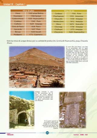 250
Colegios
TRILCE Central: 6198 - 100
Unidad IX - Capítulo I
Minas de plata
Potosí 1545 actual Bolivia
Huaytajaya 1566 Iquique
Castrovirreyna 1555 Huancavelica
Carabaya 1542 Puno
Cailloma 1629 Arequipa
Cerro de Pasco 1630 Pasco
Laycacota 1657 Puno
Recuay 1630 Ancash
Hualgayoc 1772 Cajamarca.
Entre las minas de azogue destaca por su cantidad de producción, la mina de Huancavelica, Jauja, Chayanta
(Puno).
Minas de oro
Carabaya 1542 Puno
Chachapoyas 1555 Amazonas
Chaucalla 1550 Arequipa
Montesclaros 1612 Arequipa
Otoca 1674 Ayacucho
Chorunga 1750 Arequipa
Chalhuani 1775 Arequipa
Chocorvos 1620 Huancavelica
El cerro Rico de Potosí, una foto
de la actualidad, aún se sigue
sacando plata pero en pequeñas
cantidades, Antaño fue la mina
de plata más rica del mundo, hoy
existe un museo llamado Diego
Huallpa, en sus entrañas, para
mostrar lo que fue y lo que es
Potosí. En sus faldas se fundaría en
1 546 la Villa Imperial de Potosí y
que se estima llegó tener cerca de
200 000 habitantes.
Antigua entrada a uno
de los socavones de la
mina de Santa Bárbara
(Huancavelica) cerrado hoy
para evitar accidentes por
los gases mercuriales que
aún despide.
En la parte superior se
encuentra como mudo
testigo de su prestigio y
opulencia que gozó, este
escudo de los Reyes de
España.
 