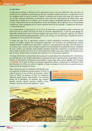 256
Colegios
TRILCE Central: 6198 - 100
Unidad IX - Capítulo I
La agricultura
La agricultura colonial, a diferencia de la agricultura incaica, fue muy deficiente. Hay que tener en
cuenta que los españoles se preocuparon más por conseguir metales preciosos y la agricultura no se
los otorgaría como lo haría la minería. Primero, la tenencia de la tierra varió pues en la época inca
era de tipo comunal colectivista, en donde los runas solo eran usufructuarios de dicha tierra, pues
pertenecían al Estado inca. En cambio, en la Colonia surgió la propiedad privada en todas las clases
sociales. Había tierras de los encomenderos, de los hacendados, de las Iglesias, de las comunidades
campesinas, todas entregadas por la Corona española través de las llamadas “composición de tierras”
o “merced de tierras”.
Los conquistadores se preocuparon en un inicio de tener bajo su propiedad grandes extensiones de
tierras que por la carencia de mano de obra se volvieron improductivas. A esto hay que agregar las
diferentes prohibiciones que la Corona española dio para frenar la expansión agrícola en América
sobre todo de productos agroindustriales como la vid, el olivo, la caña de azúcar, tratando de evitar la
competencia con la producción de España.
A finales del siglo XVI, la agricultura comenzó a tomar importancia económica pues los centros
mineros no podían subsistir sin los productos agrícolas. Así, en torno a las explotaciones mineras
tempranamente se establecieron haciendas y estancias, cuya producción de trigo, carne de puerco y
res, mulas, maíz, cueros y sebo se dirigió a satisfacer las necesidades de la población minera. Alrededor
de Lima y Potosí, por ejemplo, hubo grandes hectáreas destinadas solamente a la producción local.
Hacia 1600 la producción local fue lo suficientemente estable como para sustituir las importaciones
que se hacían desde España causando gran molestia a los comerciantes españoles.
A lo largo del territorio colonial destacaron zonas por su especialización en la producción. Así tenemos,
por ejemplo que en las Antillas sobresalían las plantaciones de la caña de azúcar y la ganadería. Nueva
España y Centroamérica se destacaron por el tabaco, cacao, trigo, seda, azúcar, algodón, añil y la grana
o cochinilla. En el norte de México, prosperó la ganadería extensa, al igual que en Venezuela, tierra
del chocolate. En el Perú, se cultivó el algodón, el trigo, la cebada, la vid, el olivo, la caña de azúcar y
habrá una fuerte producción lanera.
Cabe mencionar que los productos introducidos por
los españoles al territorio peruano fueron: el arroz, la
caña de azúcar, la uva, el olivo, la manzana, cítricos
como el limón, la naranja, la lima, la mandarina.
Mención aparte merece mencionarse a los animales
dentro de la ganadería, así tenemos que trajeron:
ganado vacuno, caprino, porcino, caballar, ovino,
conejos y aves de corral como gallinas y pavos.
Alrededor de pueblos y ciudades, la
agricultura y ganadería prosperó debido
al auge de la minería para abastecer a los
indios y mineros.
Glosario
Cochinilla: insecto que vive en la tuna y que
produce un colorante muy usado para teñir telas
desde épocas pre incas.
 