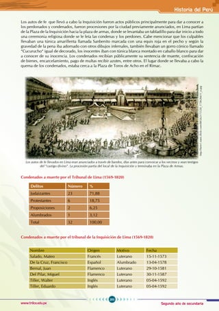 Segundo año de secundaria
283
Historia del Perú
www.trilce.edu.pe
Los autos de fe que llevó a cabo la Inquisición fueron actos públicos principalmente para dar a conocer a
los perdonados y condenados, fueron procesiones por la ciudad previamente anunciados, en Lima partían
de la Plaza de la Inquisición hacia la plaza de armas, donde se levantaba un tabladillo para dar inicio a todo
una ceremonia religiosa donde se le leía las condenas y los perdones. Cabe mencionar que los culpables
llevaban una túnica amarillenta llamada Sanbenito marcada con una equis roja en el pecho y según la
gravedad de la pena iba adornado con otros dibujos infernales, también llevaban un gorro cónico llamado
“Cucurucho“ igual de decorado, los inocentes iban con túnica blanca montado en caballo blanco para dar
a conocer de su inocencia. Los condenados recibían públicamente su sentencia de muerte, confiscación
de bienes, encarcelamiento, pago de multas recibir azotes, entre otros. El lugar donde se llevaba a cabo la
quema de los condenados, estaba cerca a la Plaza de Toros de Acho en el Rímac.
Condenados a muerte por el Tribunal de Lima (1569-1820)
Delitos Número %
Judaizantes 23 71,88
Protestantes 6 18,75
Proposiciones 2 6,25
Alumbrados 1 3,12
Total 32 100,00
Condenados a muerte por el tribunal de la Inquisición de Lima (1569-1820)
Nombre Origen Motivo Fecha
Salado, Mateo Francés Luterano 15-11-1573
De la Cruz, Francisco Español Alumbrado 13-04-1578
Bernal, Juan Flamenco Luterano 29-10-1581
Del Pilar, Miguel Flamenco Luterano 30-11-1587
Tiller, Walter Inglés Luterano 05-04-1592
Tiller, Eduardo Inglés Luterano 05-04-1592
Los autos de fe llevados en Lima eran anunciados a través de bandos, días antes para convocar a los vecinos y sean testigos
del “castigo divino”. La procesión partía del local de la Inquisición y terminaba en la Plaza de Armas.
http://farm1.static.flickr.com/88/262175520_173fe26611_o.jpg
 