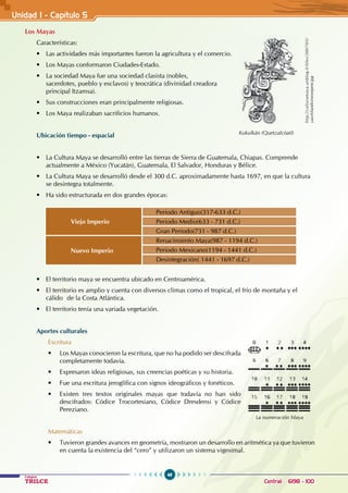 48
Colegios
TRILCE Central: 6198 - 100
Unidad I - Capítulo 5
Viejo Imperio
Periodo Antiguo(317-633 d.C.)
Periodo Medio(633 - 731 d.C.)
Gran Periodo(731 - 987 d.C.)
Nuevo Imperio
Renacimiento Maya(987 - 1194 d.C.)
Periodo Mexicano(1194 - 1441 d.C.)
Desintegración( 1441 - 1697 d.C.)
Los Mayas
Características:
• Las actividades más importantes fueron la agricultura y el comercio.
• Los Mayas conformaron Ciudades-Estado.
• La sociedad Maya fue una sociedad clasista (nobles,
sacerdotes, pueblo y esclavos) y teocrática (divinidad creadora
principal Itzamsa).
• Sus construcciones eran principalmente religiosas.
• Los Maya realizaban sacrificios humanos.
		
Ubicación tiempo - espacial
• La Cultura Maya se desarrolló entre las tierras de Sierra de Guatemala, Chiapas. Comprende
actualmente a México (Yucatán), Guatemala, El Salvador, Honduras y Bélice.
• La Cultura Maya se desarrolló desde el 300 d.C. aproximadamente hasta 1697, en que la cultura
se desintegra totalmente.
• Ha sido estructurada en dos grandes épocas:
• El territorio maya se encuentra ubicado en Centroamérica.
• El territorio es amplio y cuenta con diversos climas como el tropical, el frío de montaña y el
cálido de la Costa Atlántica.
• El territorio tenía una variada vegetación.
Aportes culturales
Escritura
• Los Mayas conocieron la escritura, que no ha podido ser descifrada
completamente todavía.
• Expresaron ideas religiosas, sus creencias poéticas y su historia.
• Fue una escritura jeroglífica con signos ideográficos y fonéticos.
• Existen tres textos originales mayas que todavía no han sido
descifrados: Códice Trocortesiano, Códice Dresdensi y Códice
Pereziano.
Matemáticas
• Tuvieron grandes avances en geometría, mostraron un desarrollo en aritmética ya que tuvieron
en cuenta la existencia del “cero” y utilizaron un sistema vigesimal.
La numeración Maya
Kukulkán (Quetzalcóatl)
http://culturamaya.unblog.fr/files/2007/05/
yaxchilandivineserpent.jpg
 