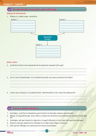 58
Colegios
TRILCE Central: 6198 - 100
Unidad II - Capítulo 1
Evaluando nuestro aprendizaje
Manejo de información
1. Elabora tu propio mapa semántico:
Juicio crítico
2. ¿Cuál fue el factor más importante de la expansión europea? ¿Por qué?
............................................................................................................................................................
............................................................................................................................................................
............................................................................................................................................................
3. ¿Si no caía Constantinopla no se hubiese buscado una nueva ruta hacia las Indias?
............................................................................................................................................................
............................................................................................................................................................
............................................................................................................................................................
4. ¿Crees que la brújula y la carabela fueron determinantes en los viajes de exploración?
............................................................................................................................................................
............................................................................................................................................................
............................................................................................................................................................
..............................................
..............................................
..............................................
..............................................
..............................................
..............................................
..............................................
..............................................
..............................................
..............................................
..............................................
..............................................
Expansión
europea
Factor 1 Factor 2
Factor 3
Tarea domiciliaria
1. Investigue: ¿cuál fue la importancia que tuvieron las llamadas especias para Europa?
2. Dibuje el mapa de Europa, Asia y África y coloree los territorios conocidos por los europeos en el siglo
XV.
3. Investigue: ¿de qué manera la imprenta y el papel influyeron en los viajes de expansión europea?
4. Ilustre la ruta que siguieron los Vikingos en el siglo X para llegar a América.
5. ¿Por qué los Vikingos no colonizaron las tierras encontradas?
 