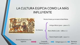 LA CULTURA EGIPCIA COMO LA MÁS
INFLUYENTE
Perduró hasta ya iniciada la Edad Media
Su Historia
Antiguo Reino (5000 – 3000 a. C.)
Reino Medio (2160 – 1680 a. C.)
Nuevo Imperio (1580 – 525 a. C.)
Sucesos Posteriores a los
Egipcios: Conquista
Persa (525 a.C.)
Griegos (332 a. C.) Romanos
(30 a. C.)
 