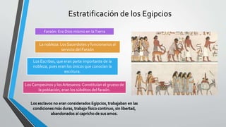 Estratificación de los Egipcios
Faraón: Era Dios mismo en laTierra
La nobleza: Los Sacerdotes y funcionarios al
servicio del Faraón
Los Escribas, que eran parte importante de la
nobleza, pues eran los únicos que conocían la
escritura.
Los Campesinos y losArtesanos: Constituían el grueso de
la población, eran los súbditos del faraón.
 