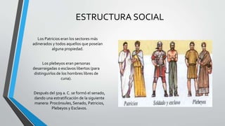 ESTRUCTURA SOCIAL
Los Patricios eran los sectores más
adinerados y todos aquellos que poseían
alguna propiedad.
Los plebeyos eran personas
desarraigadas o esclavos libertos (para
distinguirlos de los hombres libres de
cuna).
Después del 509 a. C. se formó el senado,
dando una estratificación de la siguiente
manera: Procónsules, Senado, Patricios,
Plebeyos y Esclavos.
 