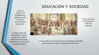 EDUCACIÓN Y SOCIEDAD
La educación en la sociedad romana era pública. El Estado
garantizaba el Lugar y el Pago de los Profesores.
Se les concedía
la ciudadanía a
todos los
maestros.
Ante los
destierros a
los Maestros y
Médicos se les
consideró;
pues existía la
expresión:
Es algo propio del
Emperador o de Rey
sentarse en cátedra
enseñando las buenas
costumbres y el estudio de
las sagradas letras.
 