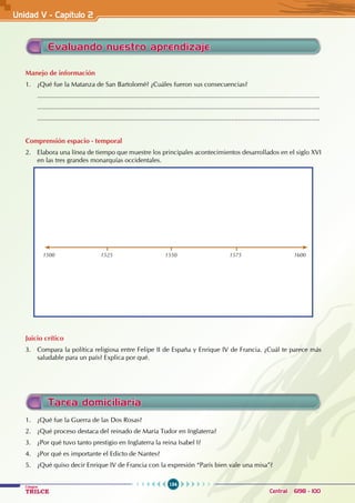 154
Colegios
TRILCE Central: 6198 - 100
Evaluando nuestro aprendizaje
Manejo de información
1. ¿Qué fue la Matanza de San Bartolomé? ¿Cuáles fueron sus consecuencias?
............................................................................................................................................................
............................................................................................................................................................
............................................................................................................................................................
Comprensión espacio - temporal
2. Elabora una línea de tiempo que muestre los principales acontecimientos desarrollados en el siglo XVI
en las tres grandes monarquías occidentales.
Juicio crítico
3. Compara la política religiosa entre Felipe II de España y Enrique IV de Francia. ¿Cuál te parece más
saludable para un país? Explica por qué.
1500		 1525 1550		 1575		 1600
Tarea domiciliaria
1. ¿Qué fue la Guerra de las Dos Rosas?
2. ¿Qué proceso destaca del reinado de María Tudor en Inglaterra?
3. ¿Por qué tuvo tanto prestigio en Inglaterra la reina Isabel I?
4. ¿Por qué es importante el Edicto de Nantes?
5. ¿Qué quiso decir Enrique IV de Francia con la expresión “París bien vale una misa”?
Unidad V - Capítulo 2
 