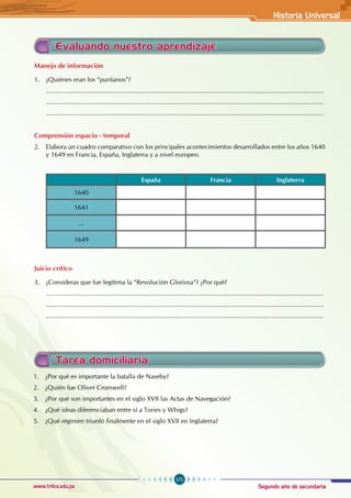 Segundo año de secundaria
171
Historia Universal
www.trilce.edu.pe
Evaluando nuestro aprendizaje
Manejo de información
1. ¿Quiénes eran los “puritanos”?
...........................................................................................................................................................
...........................................................................................................................................................
...........................................................................................................................................................
Comprensión espacio - temporal
2. Elabora un cuadro comparativo con los principales acontecimientos desarrollados entre los años 1640
y 1649 en Francia, España, Inglaterra y a nivel europeo.
España Francia Inglaterra
1640
1641
...
1649
Juicio crítico
3. ¿Consideras que fue legítima la “Revolución Gloriosa”? ¿Por qué?
...........................................................................................................................................................
...........................................................................................................................................................
...........................................................................................................................................................
Tarea domiciliaria
1. ¿Por qué es importante la batalla de Naseby?
2. ¿Quién fue Oliver Cromwell?
3. ¿Por qué son importantes en el siglo XVII las Actas de Navegación?
4. ¿Qué ideas diferenciaban entre sí a Tories y Whigs?
5. ¿Qué régimen triunfó finalmente en el siglo XVII en Inglaterra?
 