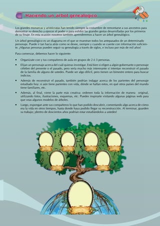Haciendo un árbol genealógico
T
A
L L E R
Los grandes monarcas y aristócratas han tenido siempre la costumbre de remontarse a sus ancestros para
demostrar su derecho a ejercer el poder o para exhibir las grandes gestas desarrolladas por los primeros
de su linaje. En esta ocasión nosotros también aprenderemos a hacer un árbol genealógico.
Un árbol genealógico es un diagrama en el que se muestran todos los antepasados de un determinado
personaje. Puede ir tan hacia atrás como se desee, siempre y cuando se cuente con información suficien-
te. ¡Algunas personas pueden seguir su genealogía a través de siglos, e incluso por más de mil años!
Para comenzar, debemos hacer lo siguiente:
• Organízate con y tus compañeros de aula en grupos de 2 ó 3 personas.
• Elijan un personaje acerca del cuál quieras investigar. Está bien si eligen a algún gobernante o personaje
célebre del presente o el pasado, pero sería mucho más interesante si intentan reconstruir el pasado
de la familia de alguno de ustedes. Puede ser algo difícil, pero tienen un bimestre entero para buscar
indicios.
• Además de reconstruir el pasado, también podrían indagar acerca de los parientes del personaje
estudiado hoy: si aún tiene parientes con vida, dónde se hallan estos, en qué otros países del mundo
tiene familiares, etc.
• Además, al final, viene la parte más creativa: ordenen toda la información de manera   original,
utilizando fotos, ilustraciones, esquemas, etc. Puedes inspirarte visitando algunas páginas web para
que veas algunos modelos de árboles.
• Luego, expongan ante sus compañeros lo que han podido descubrir, comentando algo acerca de cómo
era la vida en otros tiempos, hasta donde haya podido llegar su reconstrucción. Al terminar, guarden
su trabajo; ¡dentro de doscientos años podrían estar estudiándolos a ustedes!
 