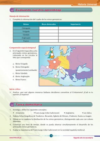 Segundo año de secundaria
15
Historia Universal
www.trilce.edu.pe
Evaluando nuestro aprendizaje
Manejo de información
1. Completa la información del cuadro de los reinos germánicos:
Reinos Reyes destacados Importancia
Ostrogodo
Visigodo
Vándalo
Anglosajón
Franco
Comprensión espacio-temporal
2. En el siguiente mapa ubica a los
principales reinos germánicos,
colocando en los círculos la
letra que corresponda:
a. Reino Visigodo
b. Reino Ostrogodo
(posteriormente Lombardo)
c. Reino Vándalo
d. Reino Anglosajón
e. Reino Franco
Juicio crítico
3. Analiza: ¿por qué algunos monarcas bárbaros decidieron convertirse al Cristianismo? ¿Cuál es tu
opinión al respecto?
1. Investiga y define los siguientes conceptos:
• Arrianismo • Fuero Juzgo (Liber Iudiciorum) • Angliaterra • Ley Sálica
2. Elabora fichas biográficas de Teodorico, Recaredo, Egberto de Wessex, Clodoveo. Ilustra su imagen.
3. Dibuja en tu cuaderno la distribución de los reinos germánicos, distinguiendo cada uno con colores
diferentes.
4. Construye una línea de tiempo, donde se pueda observar simultáneamente el desarrollo de los
principales reinos germánicos.
5. Evalúa la importancia del Fuero Juzgo (Liber Iudiciorum) en la sociedad española medieval.
Tarea domiciliaria
 