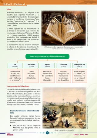 24
Colegios
TRILCE Central: 6198 - 100
Islam
Mahoma denominó a su religión Islam,
palabra que significa “sumisión a la
voluntad divina”. Los fieles de esta religión
tomaron el nombre de “musulmanes” que
significa “resignados” o “creyentes”. A la
comunidad de musulmanes se le conoce
como Umma.
El libro sagrado de los musulmanes es
el Corán (la recitación) que contiene las
enseñanzasreligiosasdeMahoma,dividido
en 114 suras o capítulos y 6226 aleyas o
versículos. Fue redactado por Zahid Ib
Talib y su recopilación fue culminada
durante el califato de Otmán.
El Islam estuvo basado en cinco preceptos
o pilares de la sabiduría musulmana: fe,
oración, ayuno, limosna y peregrinación.
Los Cinco Pilares de la Sabiduría Musulmana
Confesión de
fe: “No hay
otro Dios sino
Alá y Mahoma
es su profeta”.
Durante el
noveno mes
del calendario
lunar.
(Ramadán)
Cinco
oraciones
diarias
obligatorias.
Impuesto
religioso a los
más ricos en
beneficio de
los desvalidos.
Viaje religioso
a La Meca, al
menos una vez
en la vida del
musulmán.
Fe
(shada)
Ayuno
(sawm)
Oración
(salat)
Lismona
(zakat)
Peregrinación
(hach)
La expansión del Islamismo
Unadelasformaspreconizadasparaimponer
la doctrina islámica fue la predicación de la
Yihad o Guerra Santa. Esta guerra se llevaría
a cabo contra todos aquellos que resistiesen
el avance musulmán, y cada fiel que muriese
en ella sería recibido en el paraíso por Alá.
A la muerte de Mahoma la expansión estuvo
a cargo de sus sucesores, llamados califas.
El califato Ortodoxo o Perfecto (632 –
661)
Los cuatro primeros califas fueron
llamados legítimos y ortodoxos, los que
reinaron desde la ciudad de Medina y
fueron:
• Abu Becker (632 – 634): Suegro de
Mahoma. Fue designado como el
primer califa.
El Corán es el libro sagrado de los musulmanes, considerado
además como una Constitución Civil.
http://cantinygamboa.com/Latifa%20y%20Ramona/ecoute_coran21.jpg
Omar ingresando en Jerusalén.
http://www.spanishwine.asia/es/2/img/2-14.jpg
Unidad I - Capítulo 4
 