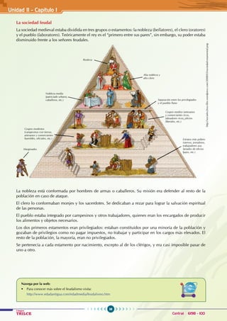 38
Colegios
TRILCE Central: 6198 - 100
La sociedad feudal
La sociedad medieval estaba dividida en tres grupos o estamentos: la nobleza (bellatores), el clero (oratores)
y el pueblo (laboratores). Teóricamente el rey es el “primero entre sus pares”, sin embargo, su poder estaba
disminuido frente a los señores feudales.
Marginados
Grupos modestos
(campesinos con tierras,
artesanos y comerciantes
humildes, oficiales, etc.)
Nobleza media
(patriciado urbano,
caballeros, etc.)
Realeza
Alta nobleza y
alto clero
Separación entre los privilegiados
y el pueblo llano
Grupos medios (artesanos
y comerciantes ricos,
labradores ricos, oficios
liberales, etc.)
Estratos más pobres
(siervos, jornaleros,
trabajadores asa-
lariados de oficios
bajos, etc.)
La nobleza está conformada por hombres de armas o caballeros. Su misión era defender al resto de la
población en caso de ataque.
El clero lo conformaban monjes y los sacerdotes. Se dedicaban a rezar para lograr la salvación espiritual
de las personas.
El pueblo estaba integrado por campesinos y otros trabajadores, quienes eran los encargados de producir
los alimentos y objetos necesarios.
Los dos primeros estamentos eran privilegiados: estaban constituidos por una minoría de la población y
gozaban de privilegios como no pagar impuestos, no trabajar y participar en los cargos más elevados. El
resto de la población, la mayoría, eran no privilegiados.
Se pertenecía a cada estamento por nacimiento, excepto al de los clérigos, y era casi imposible pasar de
uno a otro.
Navega por la web:
• Para conocer más sobre el feudalismo visita:
http://www.edadantigua.com/edadmedia/feudalismo.htm
http://sociales2eso.files.wordpress.com/2008/03/sociedad-estamental.png
Unidad II - Capítulo 1
 