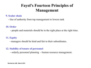 Fayol’s Fourteen Principles of Management 9. Scalar chain - line of authority from top management to lowest rank 10. Order - people and materials should be in the right place at the right time. 11. Equity - managers should be kind and fair to their subordinates.  12. Stability of tenure of personnel  - orderly personnel planning  - human resource management. Revised by LBS , March 2010 