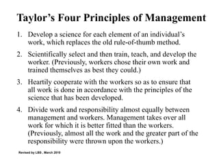 Taylor’s Four Principles of Management Develop a science for each element of an individual’s work, which replaces the old rule-of-thumb method. Scientifically select and then train, teach, and develop the worker. (Previously, workers chose their own work and trained themselves as best they could.) Heartily cooperate with the workers so as to ensure that all work is done in accordance with the principles of the science that has been developed. Divide work and responsibility almost equally between management and workers. Management takes over all work for which it is better fitted than the workers. (Previously, almost all the work and the greater part of the responsibility were thrown upon the workers.) Revised by LBS , March 2010 