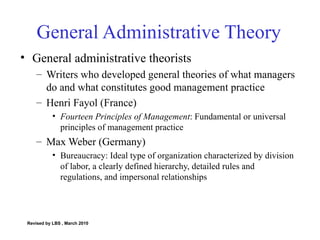 General Administrative Theory General administrative theorists Writers who developed general theories of what managers do and what constitutes good management practice Henri Fayol (France) Fourteen Principles of Management : Fundamental or universal principles of management practice Max Weber (Germany) Bureaucracy: Ideal type of organization characterized by division of labor, a clearly defined hierarchy, detailed rules and regulations, and impersonal relationships Revised by LBS , March 2010 