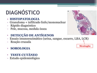 DIAGNÓSTICO
•
-

HISTOPATOLOGIA
Granuloma + infiltrado linfo/mononuclear
Rápido diagnóstico
Pele, mucosa, medula óssea

• DETECÇÃO DE ANTÍGENOS
- Ensaio imunoenzimático (urina, sangue, escarro, LBA, LCR)
- Reação cruzada
• SOROLOGIA
• TESTE CUTÂNEO
- Estudo epidemiológico

Meningite

 